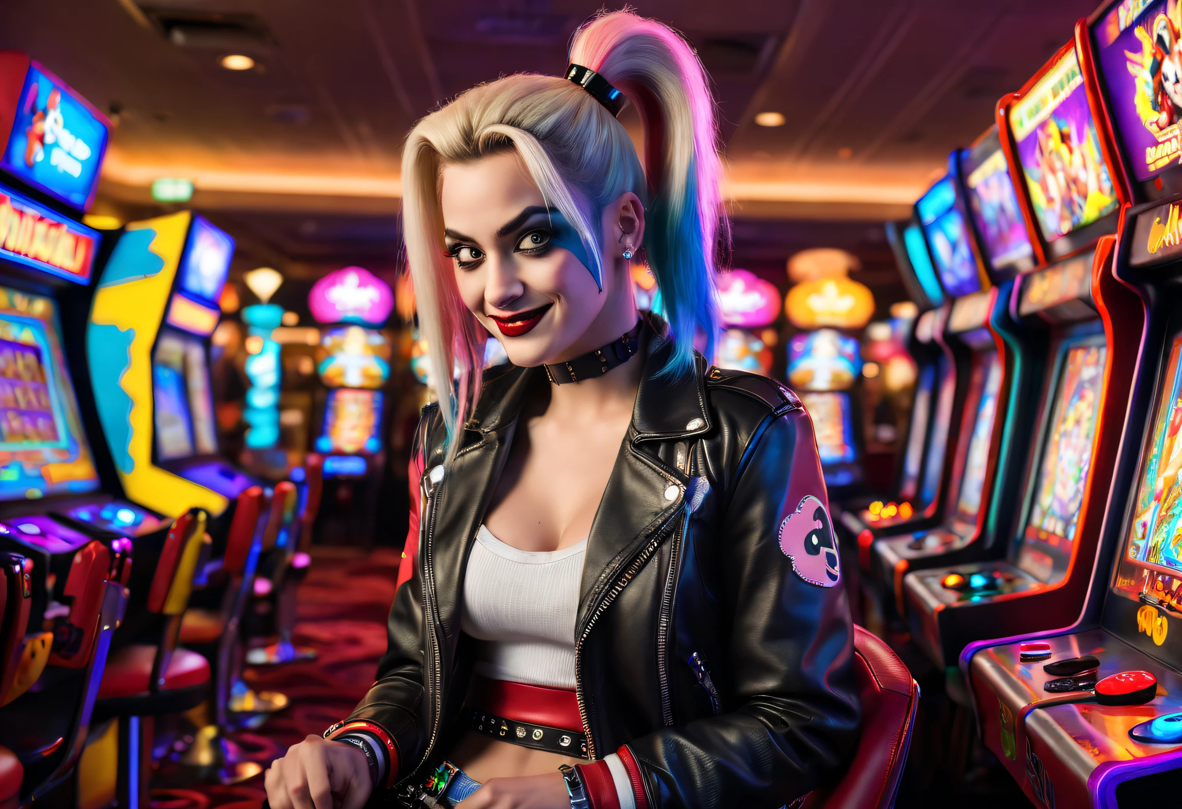 (Ultra-detailed,Realistic,Photorealistic:1.37), Energetic 80s hairstyle, Harley Quinn plays Street Fighter fighting arcade game at a dimly lit Las Vegas casino, Punk fashion, Neon lights, retro aesthetic, Colorful arcade game consoles, glowing screen, energetic music, Arcade tokens, dynamicposes, Fashion in the style of the 80s, Leather jacket, Hair dyed in bright colors,Play video games seriously,From behind