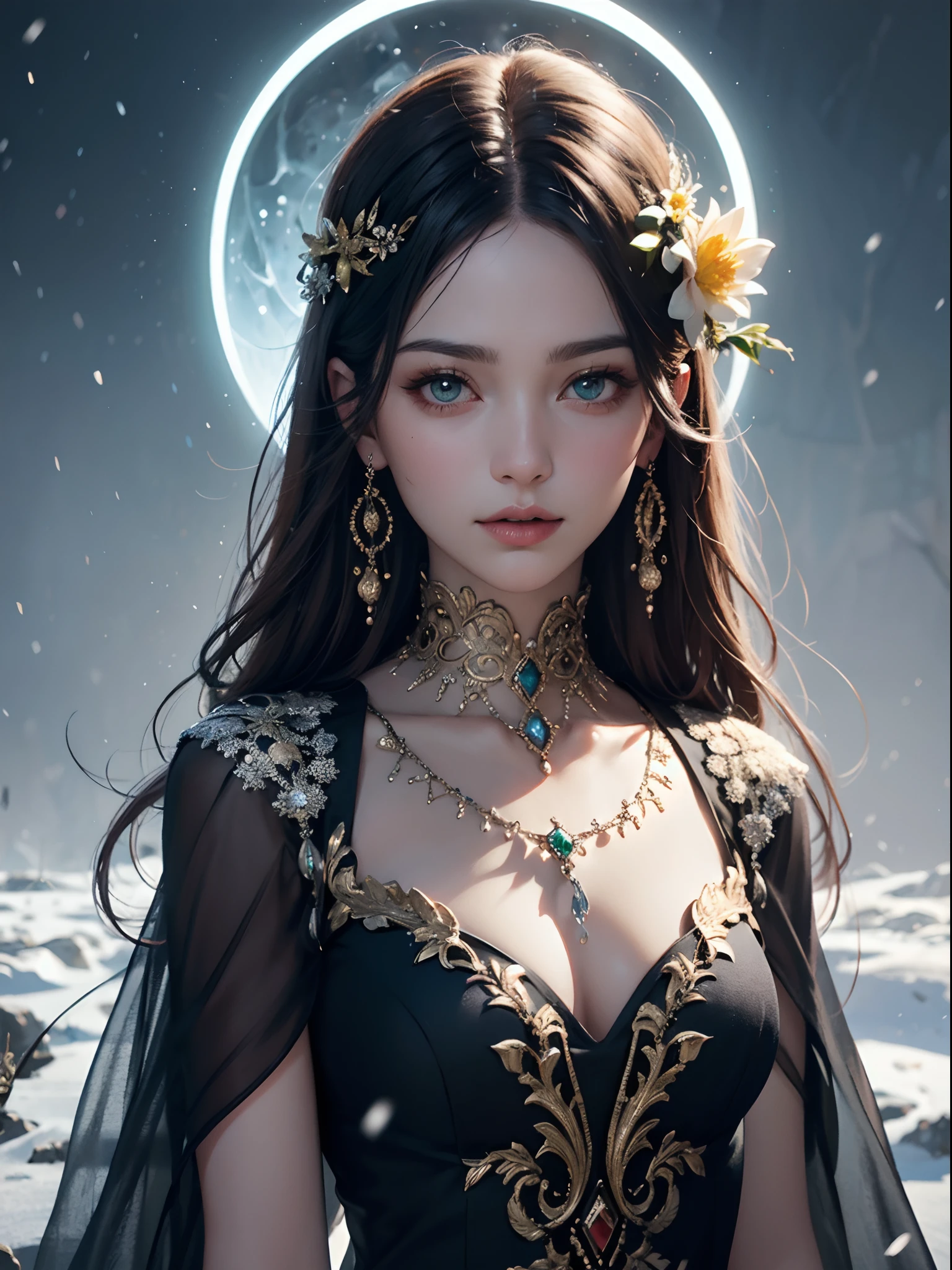 uminism, fantasy acrylic, close-up of cute European, by WLOP, Greg Rutkowski, long black red silky hair, flowers in hair, wheat shoot in hair, emerald eyes, feathery dress, gold necklace, silver glowing snow, winter, falling snow, complex background, dynamic lighting, light, digital painting, intricate pose, very detailed, cute, filigree, intricate