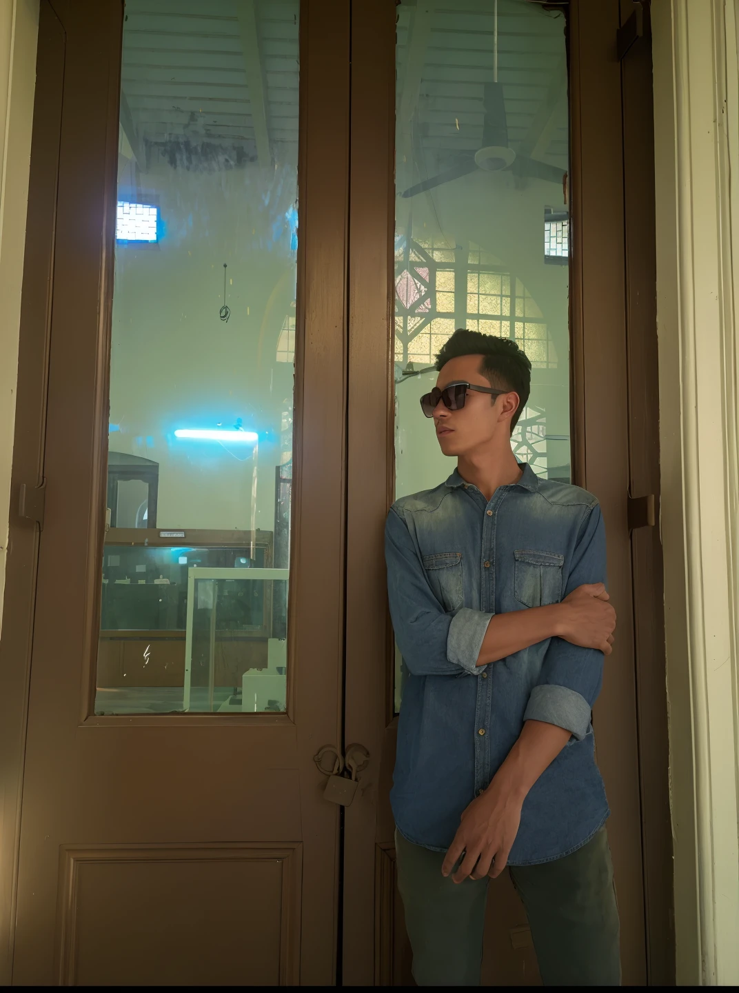 arafed man in a denim shirt and sunglasses leaning against a door, with a cool pose, leaning on door, casual photography, with sunglass, standing near a window, potrait, shot with iphone 1 0, cinematic look, shot on sony a 7, casual pose, taken with sony alpha 9, handsome man, shot on leical