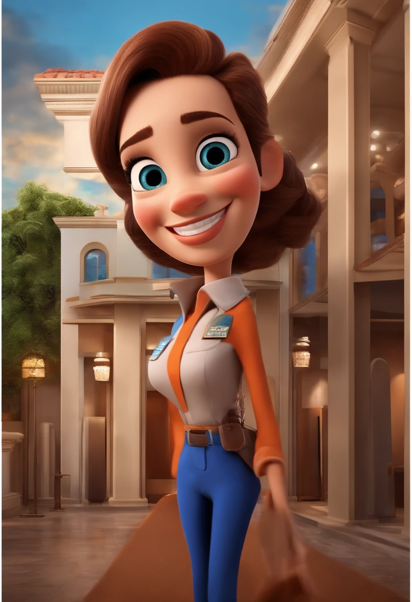 Generate an image in Pixar style, containing a smiling receptionist girl wearing a blue uniform in the center of the image, the background should be a hotel reception with a blurred image, at the top the title will be ATIBAIA RESIDENCE centered in the image