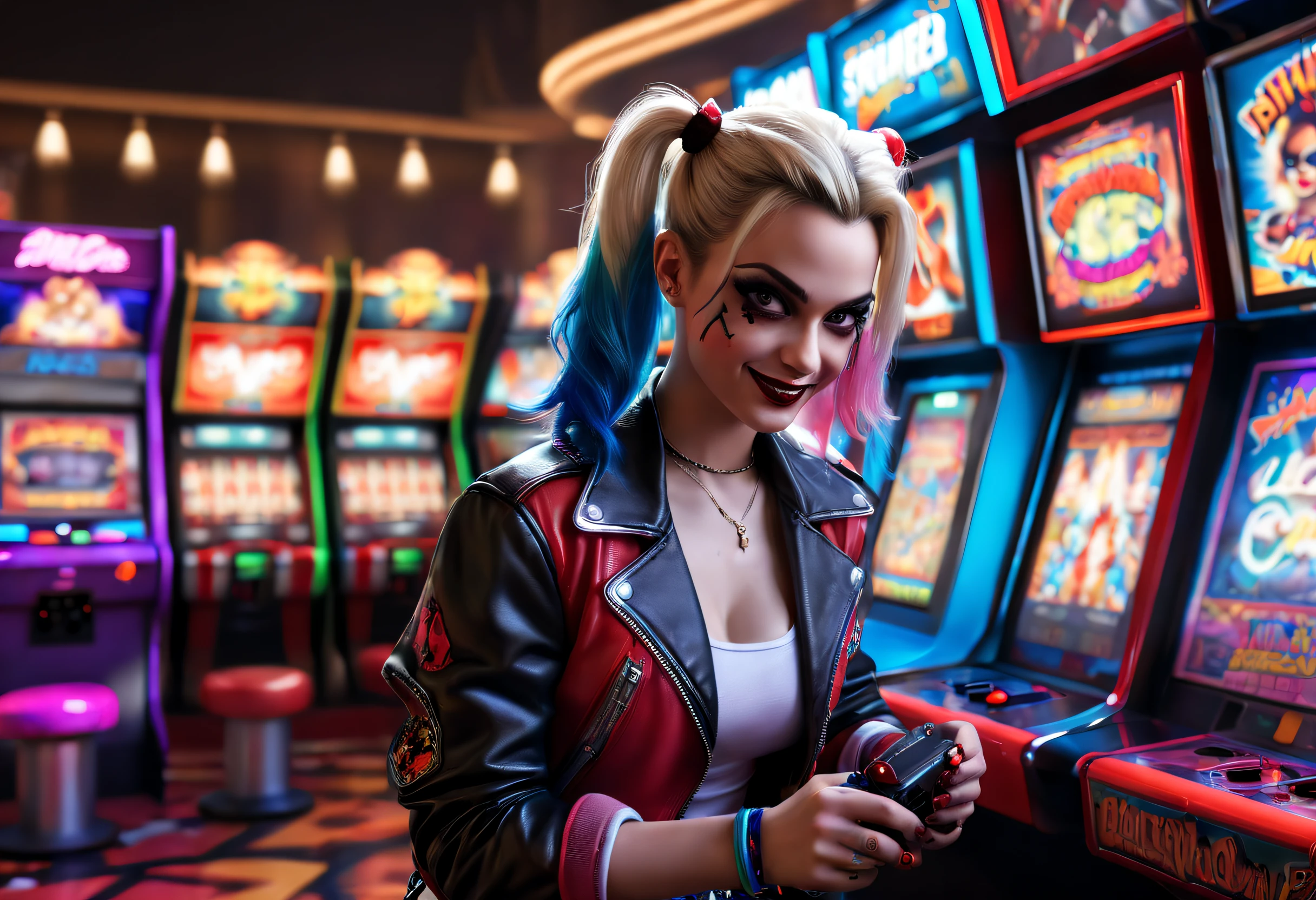 (Ultra-detailed,Realistic,Photorealistic:1.37), Energetic 80shair。。。。。。。。, Harley Quinn plays Street Fighter fighting arcade game at a dimly lit Las Vegas casino, Punk fashion, Neon lights, retro aesthetic,  Colorful arcade game consoles, glowing screen, energetic music, Arcade tokens, dynamicposes, Fashion in the style of the 80s, Leather jacket, Hair dyed in bright colors,Play video games seriously