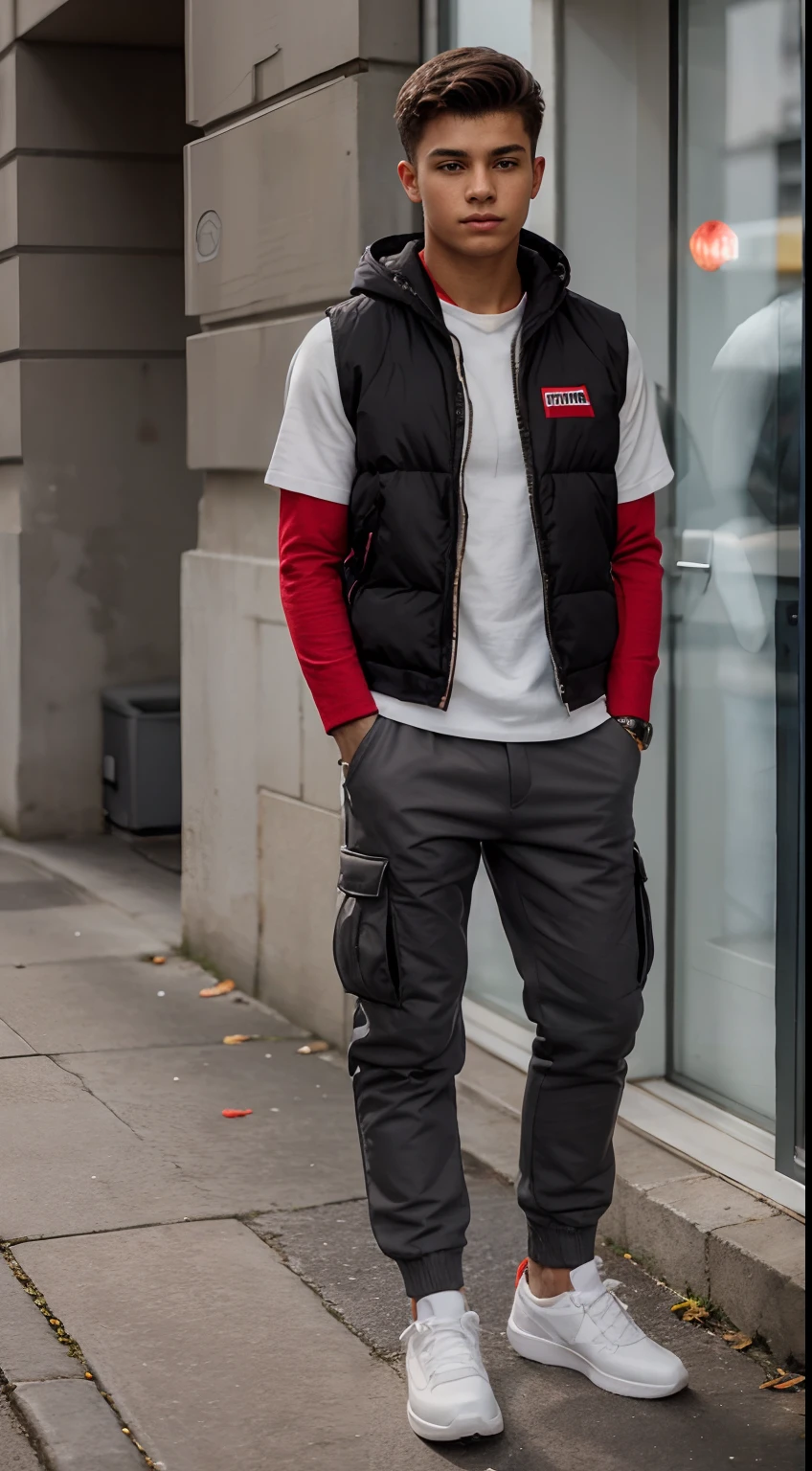 a male european young teen, black and red details puffy vest without sleeves, a white hoodie underneath, grey cargo pants, white sport shoes, standing