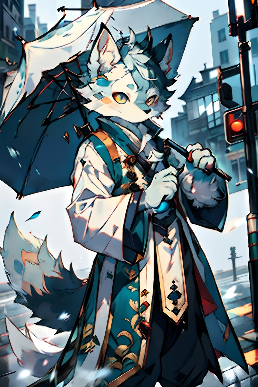 A blue-and-white fox, Furry character, Male, shyexpression, ,Cute, shoun, volumettic light, high definition detail, In the city, the street, rained,mist rising, Contour light, Tyndall effect, Masterpiece, Master level,Umbrella in hand,Hanfu,Han costume