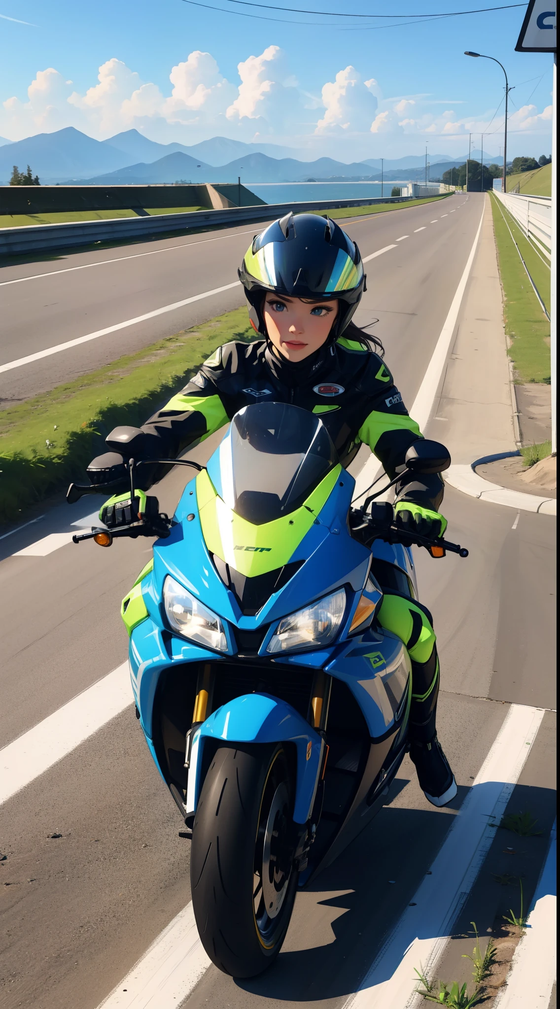 Super Racing Neon Effect Racing Motorcycle, sur la route roule rapidement, with motorcycle helmet on the head, Landscape passing by at high speed, Voyage Road Trip Route 69, Une belle fille avec, UHD Portrait, (High quality) (ultra details) Regarder le spectateur en tenue de ville de style hip-hop; different, colourfull, cheveux longs 🌈