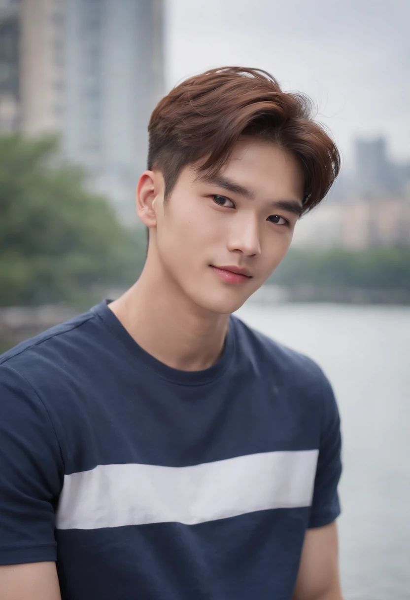 Instagram male model handsome man ,20yr old , Short Hair Hair, Korea , pupils,(((Wear a navy t-shirt without stripes...........................))), front-facing view, Smile ,pectoral muscles, broad shoulder ,athlete , Full body, it is raining: 1.3, high rise construction: 1.2, the body gets wet: 1.1, mid body