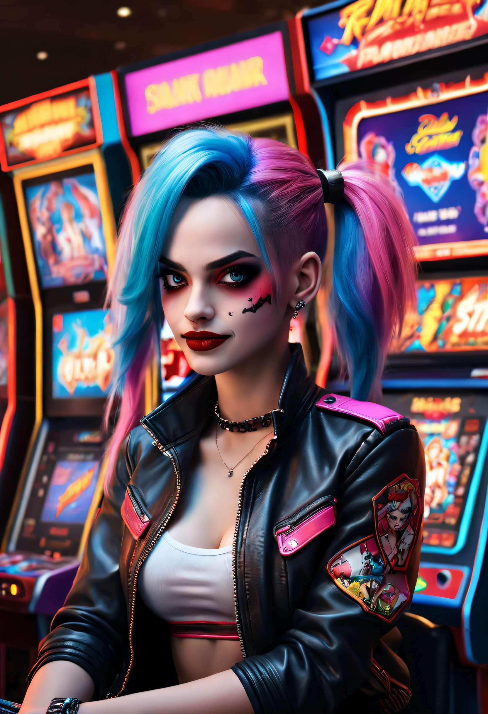 (Ultra-detailed,Realistic,Photorealistic:1.37), Energetic 80shair。。。。。。。, Harley Quinn plays Street Fighter fighting arcade game at a dimly lit Las Vegas casino, Punk fashion, Neon lights, retro aesthetic, Colorful arcade game consoles, glowing screen, energetic music, Arcade tokens, dynamicposes, Fashion in the style of the 80s, Leather jacket, Hair dyed in bright colors, Rebellious expression, Confident demeanor,Play video games seriously