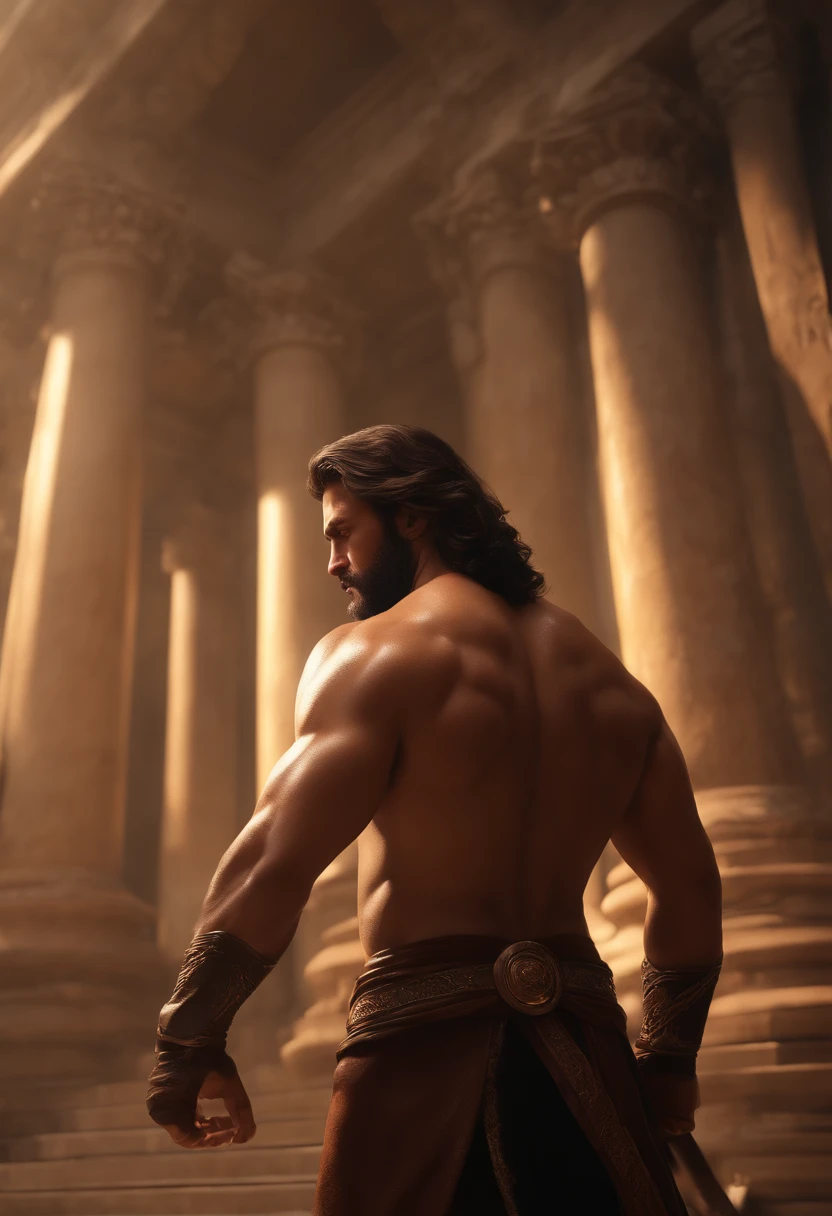 (Professional 3D rendering:1.3) de (Realistic:1.3) Foto de arte mais bonita do mundo,Features soft, bright male heroes, ((Epic Fantasy Hero, Muscular Rough Man, Angry Wet Hero Looking Long Hair, Short Beard And Fierce Expression Knocking Down Columns Of A Temple, fantastic location, majestoso ambiente desordenado)), Full-body 8k unified rendering, action shot, poros da pele, very dark lighting, sombreamento pesado, circunstanciado, Rosto detalhado, (vibrante, fotogrdeia realista, Realistic, Dramatic, Escuro, foco nítido, 8k), (Old leather clothes damaged by bad weather:1.4), ((((Use peles)))), (intrincado:1.4), decadente, (altamente detalhado:1.4), pintura digital, rendering by octane, art stations, Conceito-Arte, liso, foco nítido, illustration, germe da arte, (Loish:0.23), Wlop Ilya Kuvshinov, e Greg Rutkowski e Alphonse Mucha Gracias, (global ilumination, studiolight, Light Volumetric), chuva forte, floating particles, patife, fantasia, Onze, corpo inteiroesbian, ((Fundo escuro e antigo da cidade:1.3)),CGSesociedade,art stations