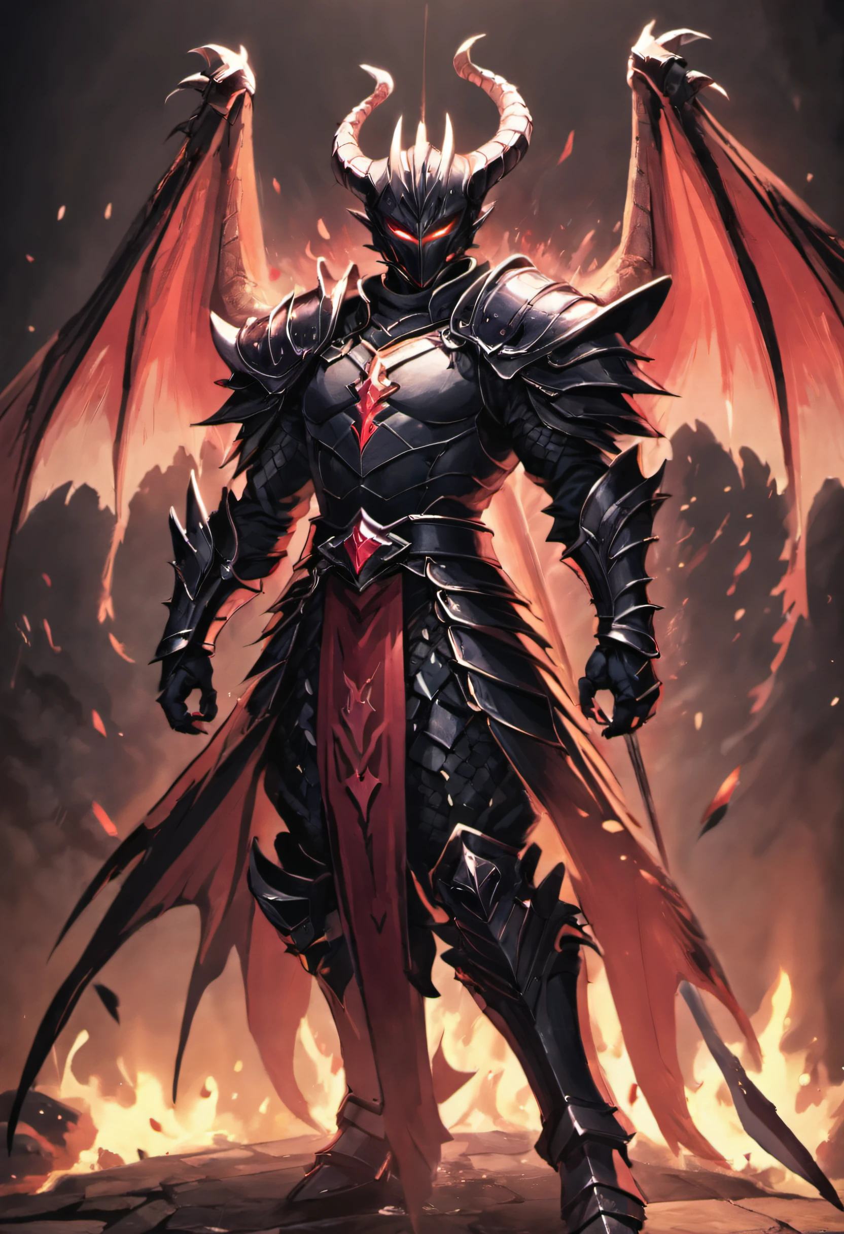 Black armor，Dragon Knight，Dragon's horn，Dragon wings stretch out behind the back，Tall knight，Sense of oppression, Photorealistic, Cinematic lighting