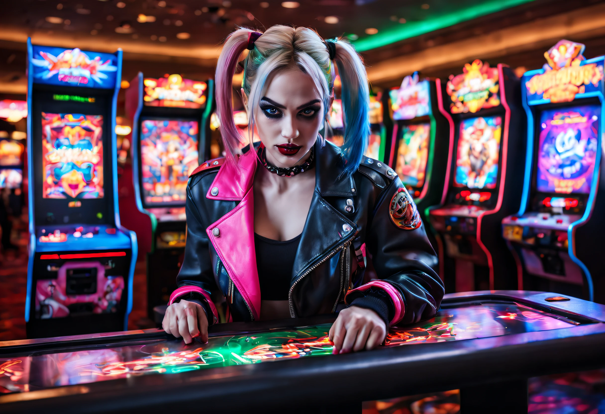 (Ultra-detailed,Realistic,Photorealistic:1.37), Energetic 80shair。。。。。。。, Harley Quinn plays Street Fighter fighting arcade game at a dimly lit Las Vegas casino, Punk fashion, Neon lights, retro aesthetic, Colorful arcade game consoles, glowing screen, energetic music, Arcade tokens, dynamicposes, Fashion in the style of the 80s, Leather jacket, Hair dyed in bright colors, Rebellious expression, Confident demeanor,Play video games seriously
