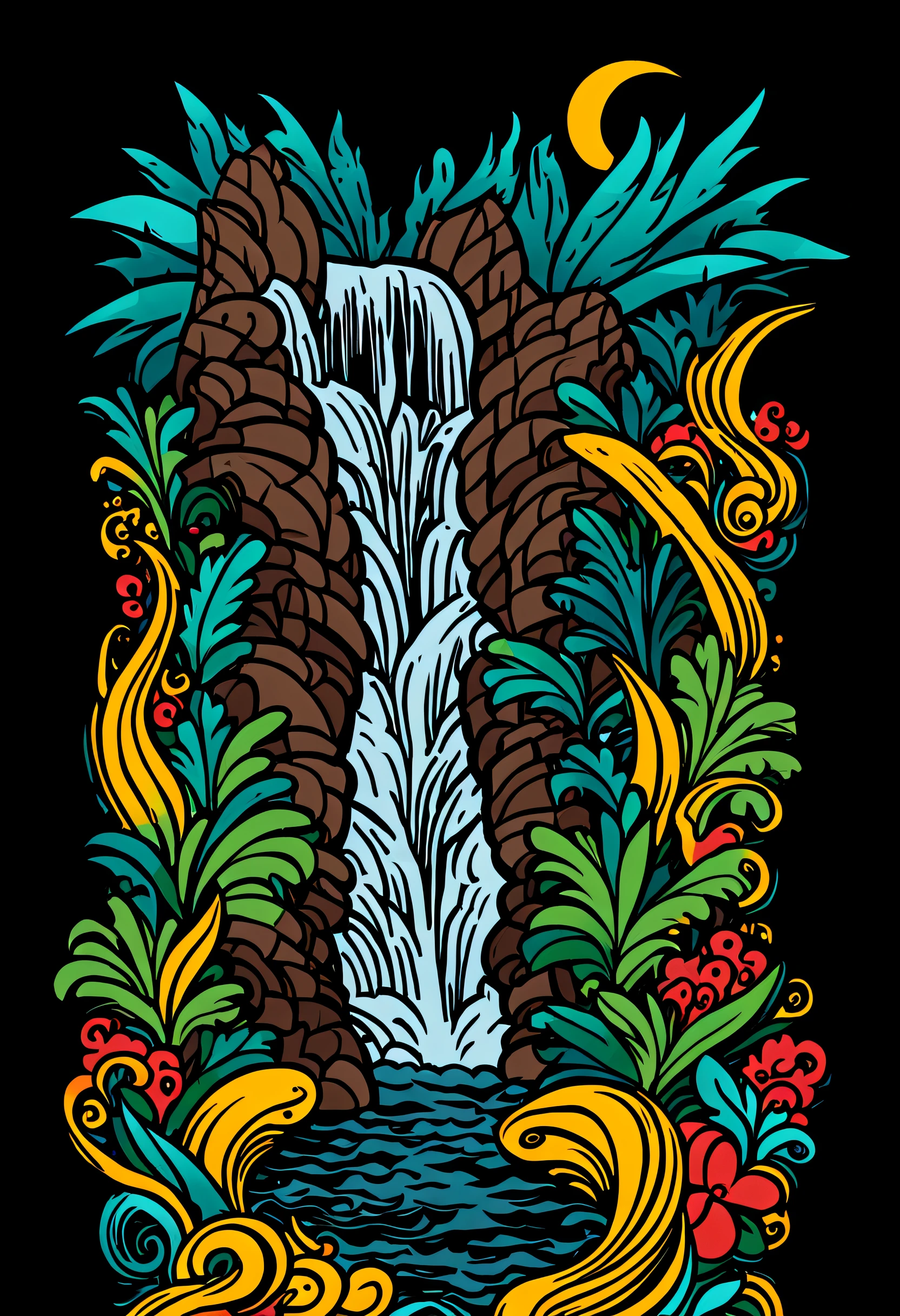watterfall illustration for sticker on black background, Bold outline style, jagged, Trashcore, Light Shading