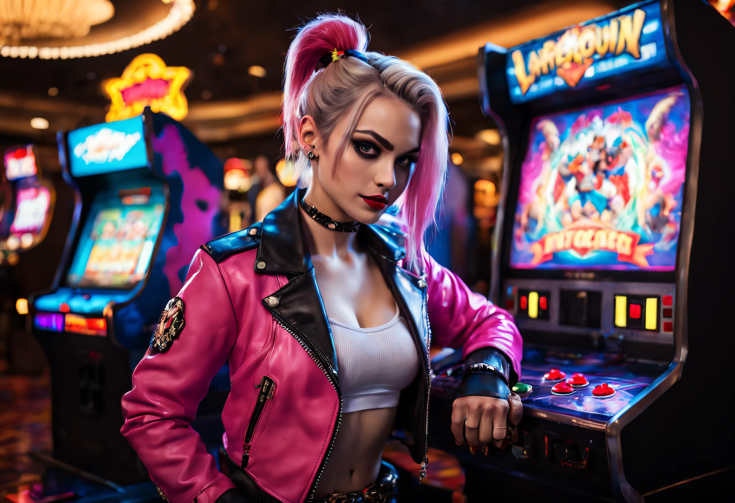 (Ultra-detailed,Realistic,Photorealistic:1.37), Energetic 80shair。。。。。。。, Harley Quinn plays Street Fighter fighting arcade game at a dimly lit Las Vegas casino, Punk fashion, Neon lights, retro aesthetic,  Colorful arcade game consoles, glowing screen, energetic music, Arcade tokens, dynamicposes, Fashion in the style of the 80s, Leather jacket, Hair dyed in bright colors, Rebellious expression, Confident demeanor,Play video games seriously