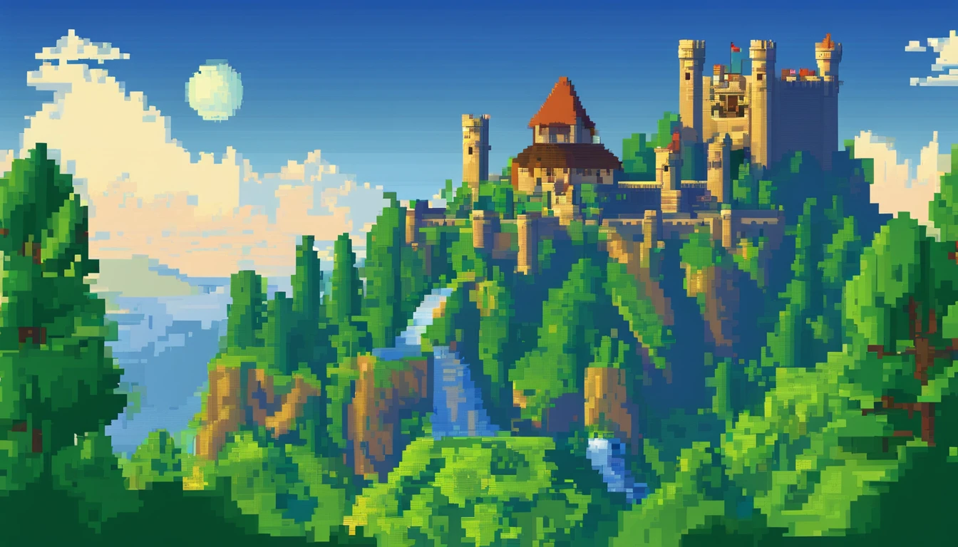 blue sky,castle in mountain,green mountain,Forest,Sun light.