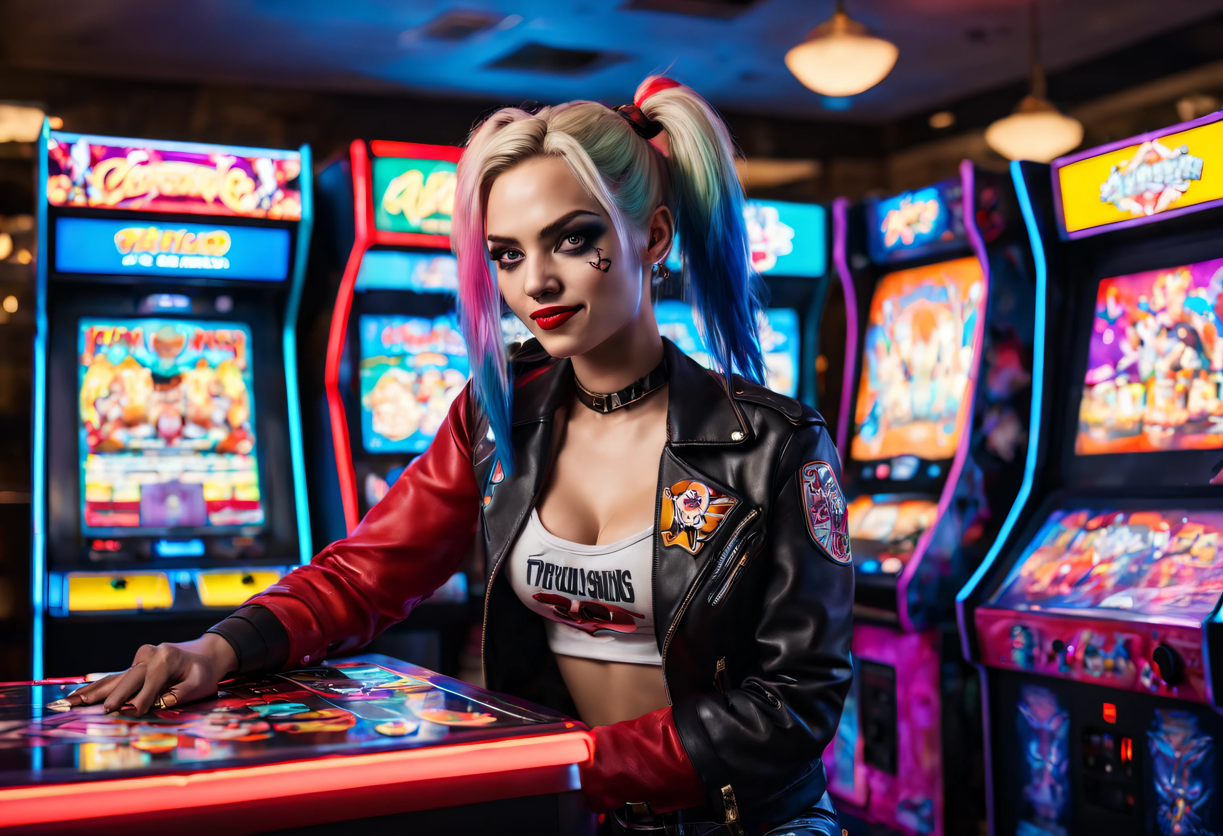 (Ultra-detailed,Realistic,Photorealistic:1.37), Energetic 80shair。。。。。。。, Harley Quinn plays Street Fighter fighting arcade game at a dimly lit Las Vegas casino, Punk fashion, Neon lights, retro aesthetic,  Colorful arcade game consoles, glowing screen, energetic music, Arcade tokens, dynamicposes, Fashion in the style of the 80s, Leather jacket, Hair dyed in bright colors, Rebellious expression, Confident demeanor,Play video games seriously