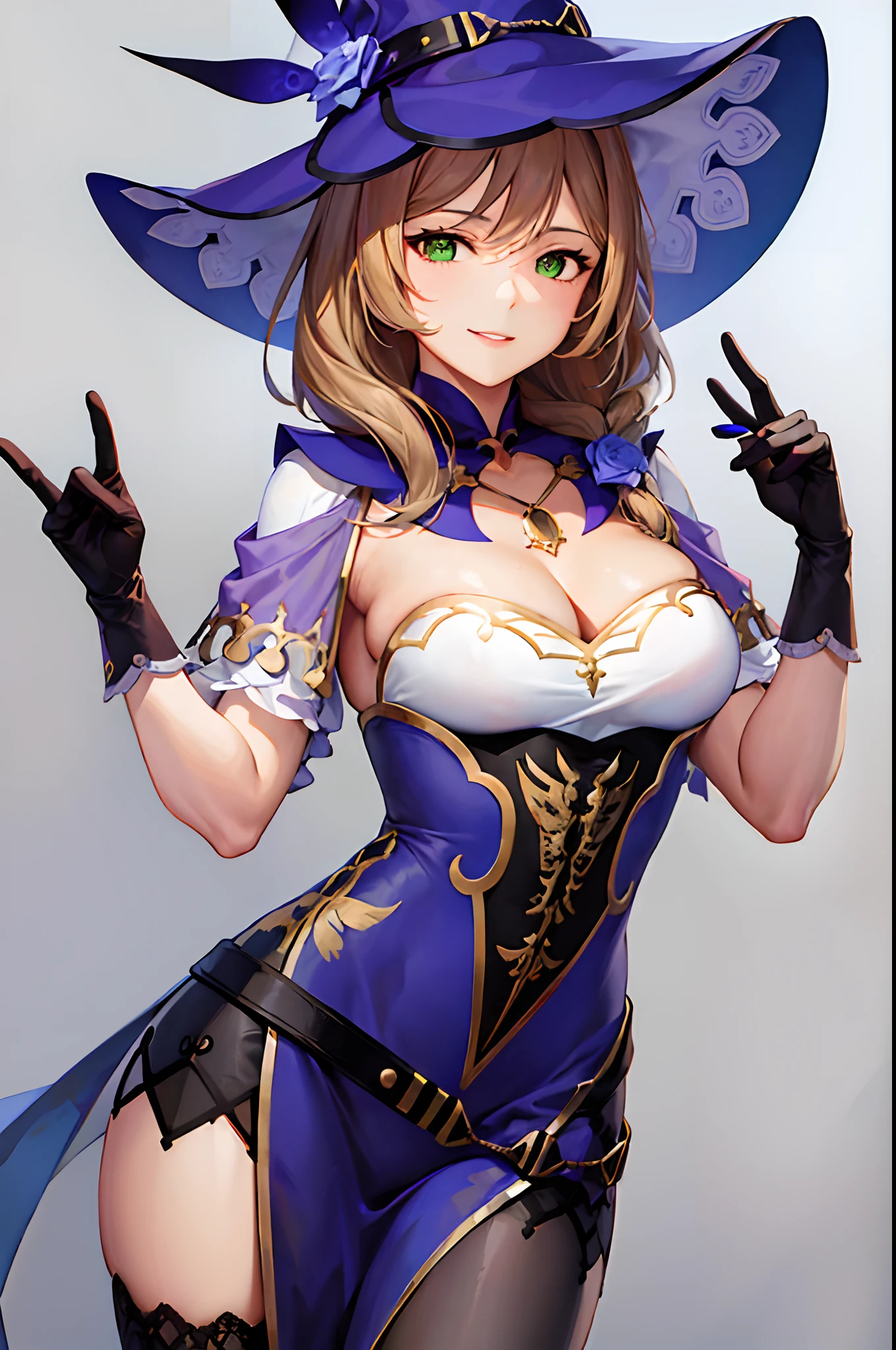 Lisa Minci, standing, looking at viewer, smiling, medium breasts, ((outfit)), tipping her witch hat, green eyes, slim figure, thinking