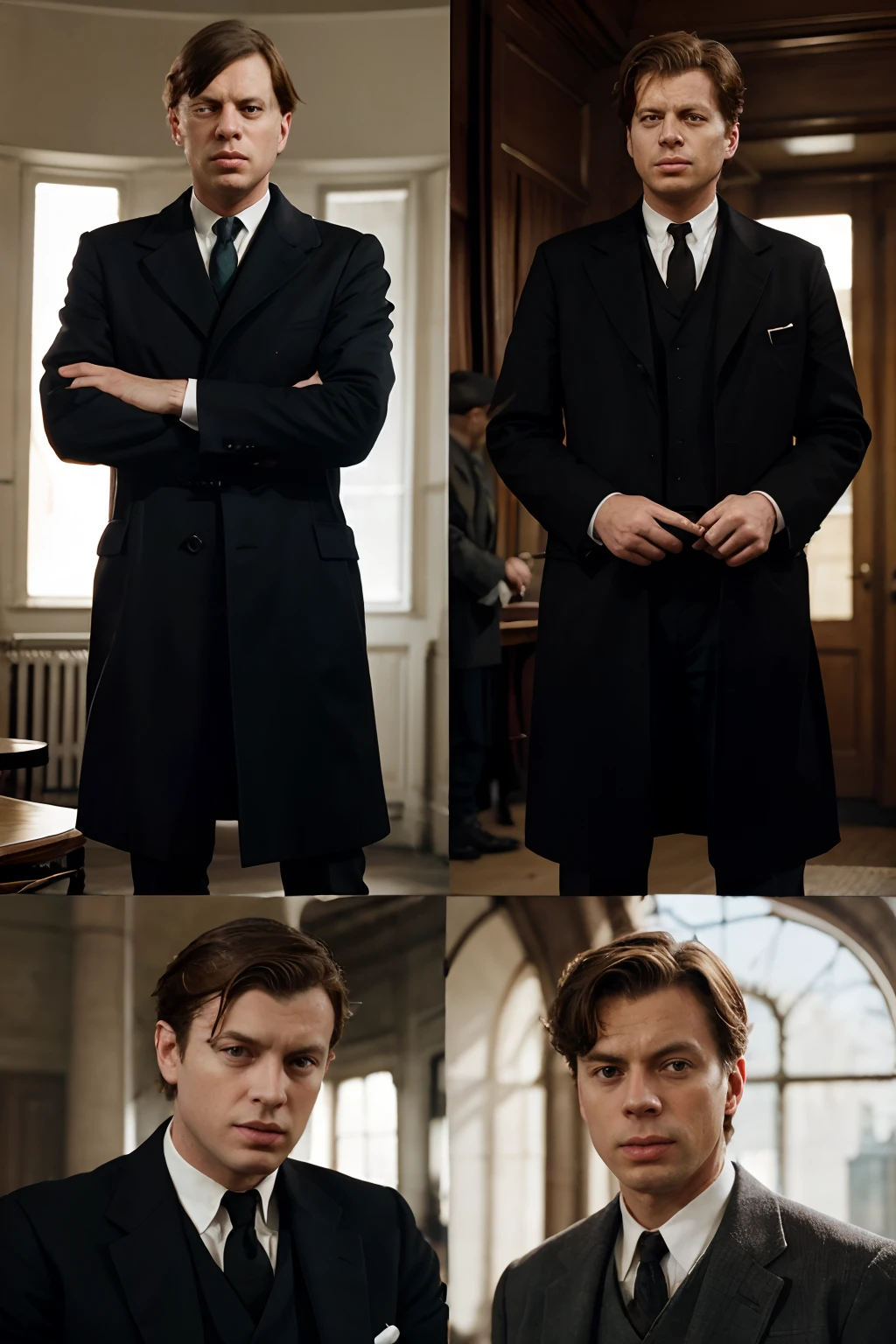 Create a split-screen image showing the four legends Anthony Burgess, C.S. Lewis, John F. Kennedy, and Aldous Huxley.