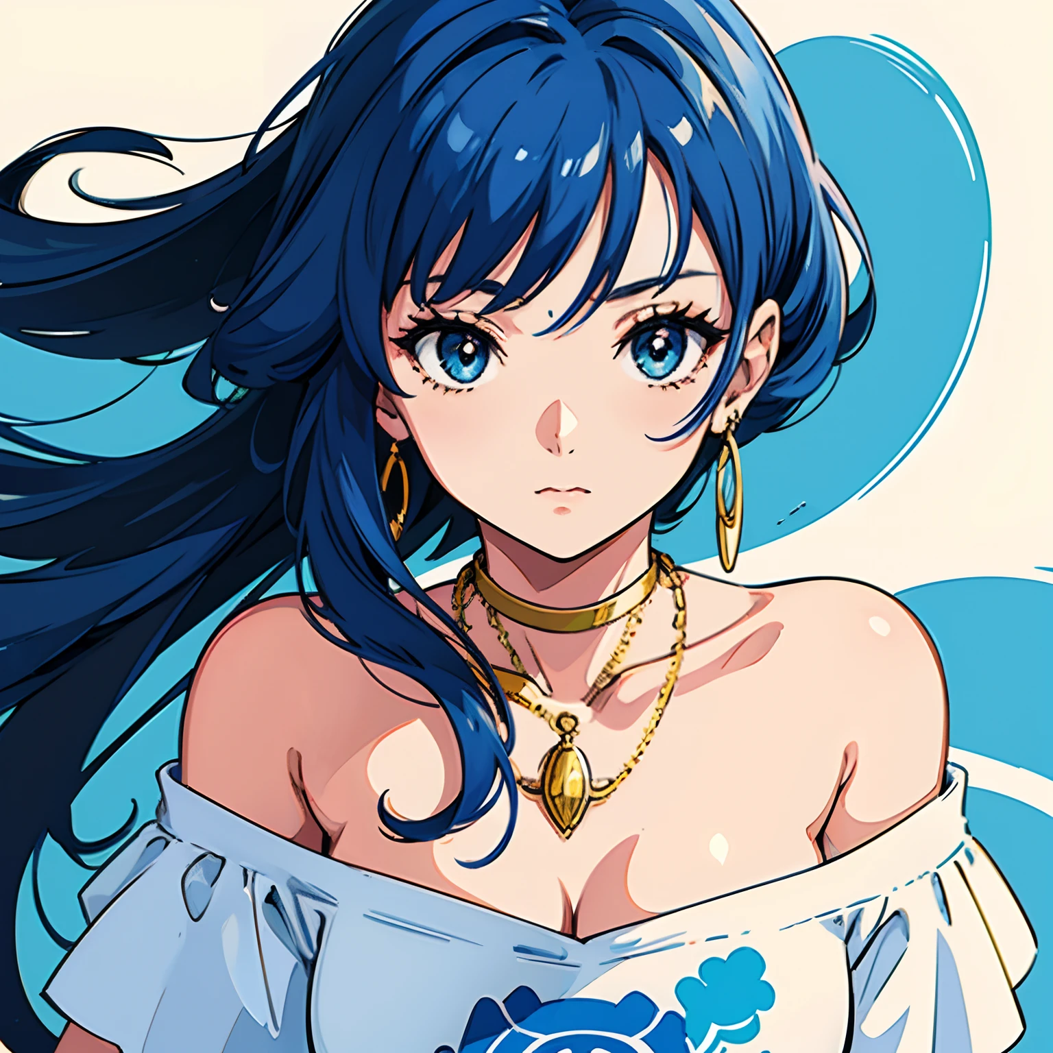 Anime, 1980, close-up, 1 Beautiful woman,Blue hair,Gold necklace around the neck , Off-the-shoulder T-shirt top, Eye Detail,facial details