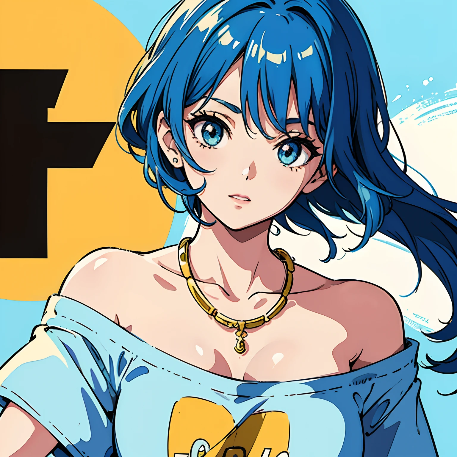 Anime, 1980, close-up, 1 Beautiful woman,Blue hair,Gold necklace around the neck , Off-the-shoulder T-shirt top, Eye Detail,facial details