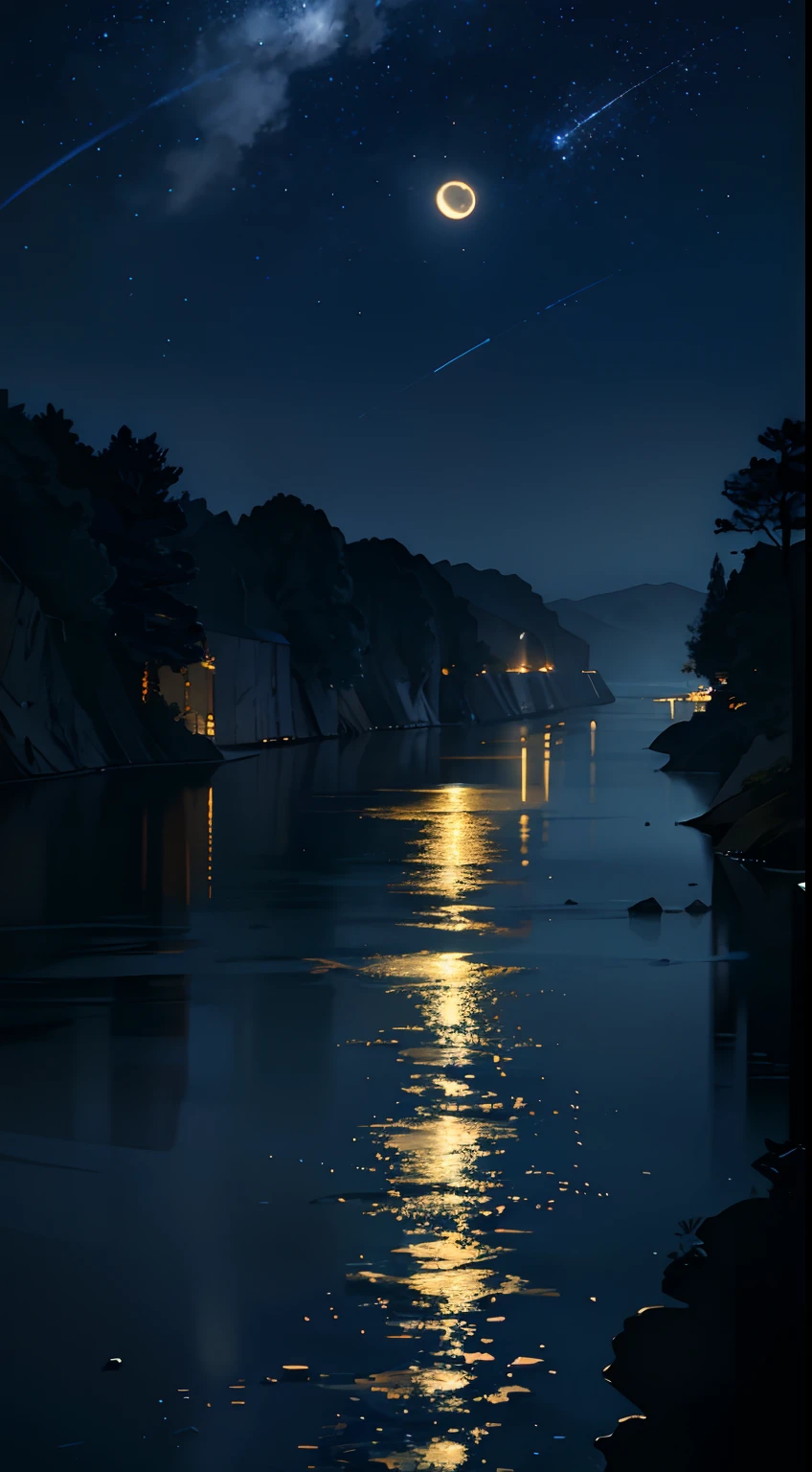 A painting of a river with stars and moon in the sky, concept art inspired by Tosa Mitsuoki, pixiv contest winner, best quality, fantasy art, beautiful anime scene, golden moon. A bright moon, starry sky environment under the moonlight, dream painting, anime background art, fantasy landscape art, dreamy night, anime background, background artwork, dreamy art, atmospheric anime, starry sky, details enhanced.