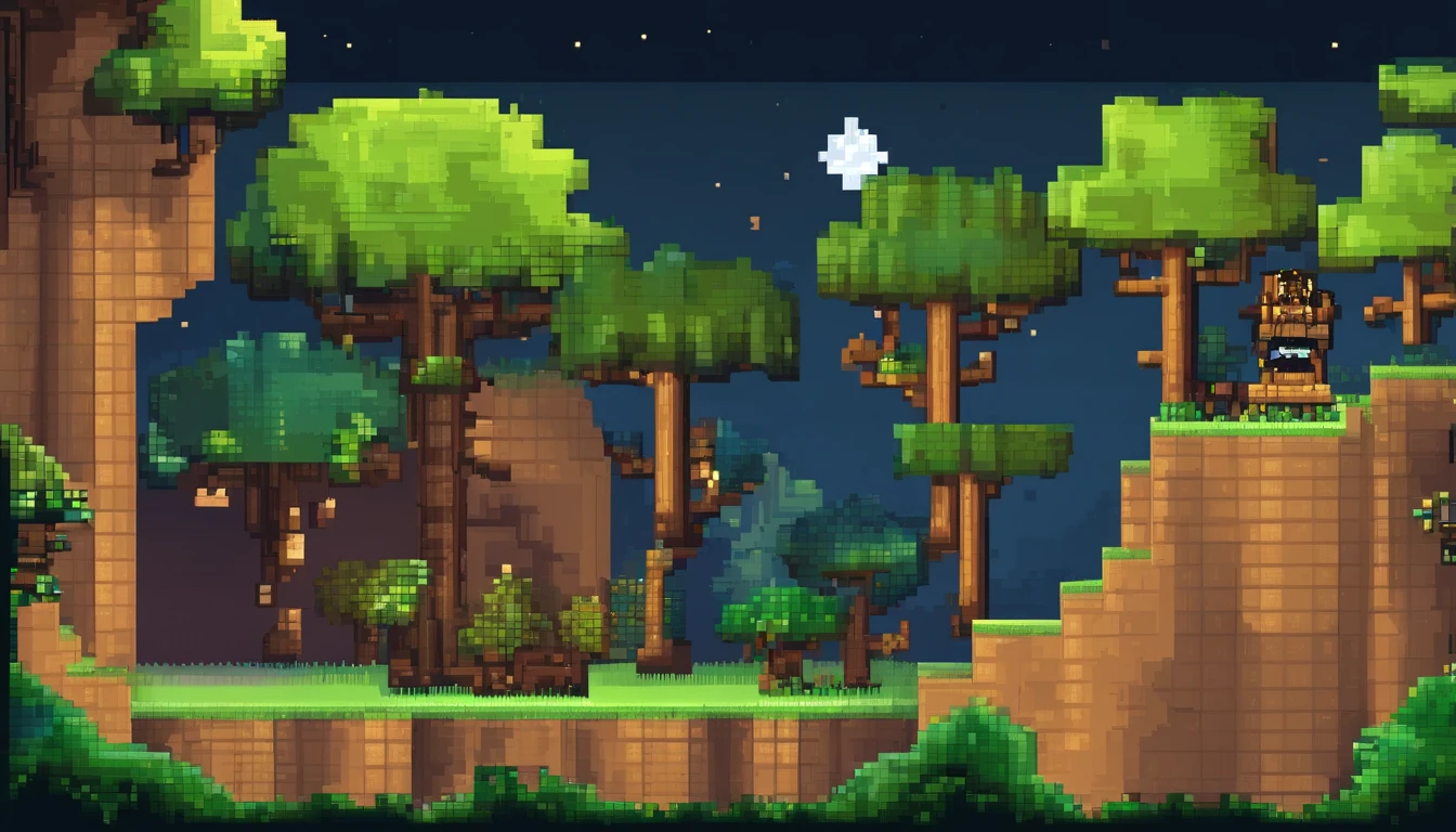 Create a ravine scenery in a dark place with the light of the moon, with dry, gnarled trees and dry, undergrowth, com seres das sombras