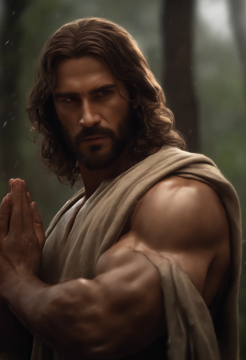 (Professional 3D rendering:1.3) de (Realistic:1.3) Foto de arte mais bonita do mundo,Apresenta Jesus masculinos suaves e brilhantes, ((Jesus with his hands together praying epic fantasy rough muscular man wet hero angry look long hair short beard and fierce expression in dynamic pose, fantastic location, majestoso ambiente desordenado)), corpo inteiro 8k unidade render, action shot, poros da pele, very dark lighting, sombreamento pesado, circunstanciado, Rosto detalhado, (vibrante, fotogrdeia realista, Realistic, Dramatic, Escuro, foco nítido, 8k), (Old leather clothes damaged by bad weather:1.4), ((((Use peles)))), (intrincado:1.4), decadente, (altamente detalhado:1.4), pintura digital, rendering by octane, art stations, Conceito-Arte, liso, foco nítido, illustration, germe da arte, (Loish:0.23), Wlop Ilya Kuvshinov, e Greg Rutkowski e Alphonse Mucha Gracias, (global ilumination, studiolight, Light Volumetric), chuva forte, floating particles, patife, fantasia, Onze, corpo inteiroesbian, ((Fundo escuro e antigo da cidade:1.3)),CGSesociedade,art stations