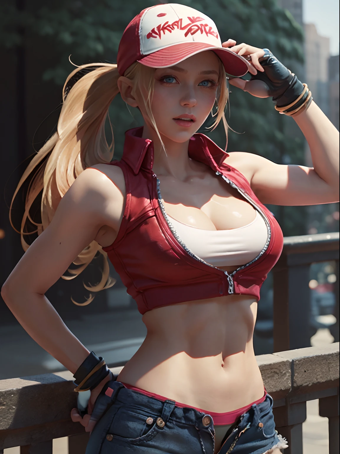 1girl, terry bogard girl, blonde hair, ponytail, blue eyes, long hair, baseball cap, fingerless gloves, denim shorts, shoes, breast focus, new york central park background, (8k), (best quality), (masterpiece:1.2), (realistic), (ultra-detailed), (detailed eyes:1.2), (detailed face:1.2), (realism:1.2), (ultra quality), (intricate), (85mm), light particles, lighting, (highly detailed:1.2), (gradients), colorfull, sfw, daylight, solo