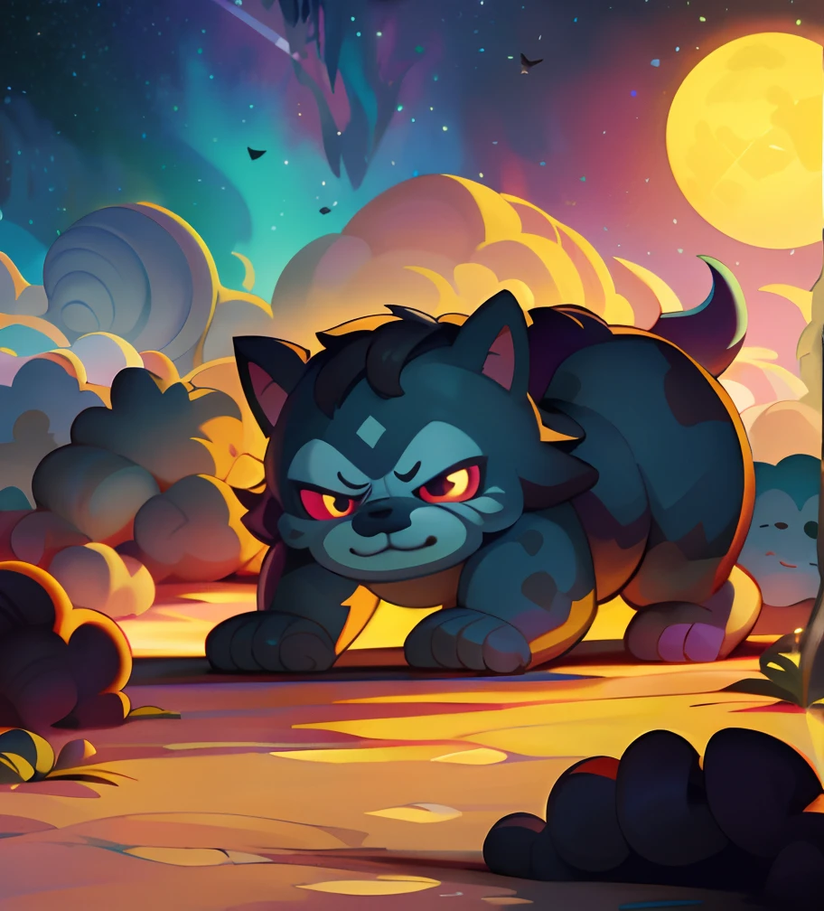 adesivo, fundo simples, monstro peludo, boca enorme na barriga, bizarro, dentes afiados, pelos na frente dos olhos, Hiking in the Amazon rainforest at night in the moonlight, pele escura, Children's Stories Illustration, ceu estrelado noturno, conto de fadas, cores vibrantes, cartoon illustration, melhor qualidade, Chibi, disco Rigido, obra-prima