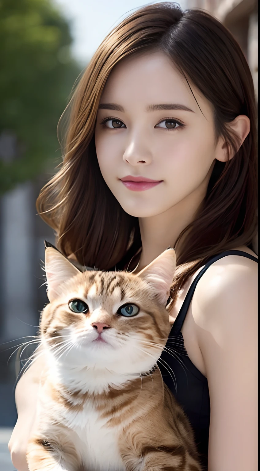 (A hyper-realistic), (hight resolution), (8K), (ighly detailed),  (beatiful detailed eyes), (top-quality), (ultra-detailliert), (​masterpiece), (A detailed face), softfocus、face of emma watson、Colossal tits、japanes、Inside the city、Wagas、Cats、Petting a cute cat、holding cat、Realistic kitten、White ONE PIECE DRESS、A smile