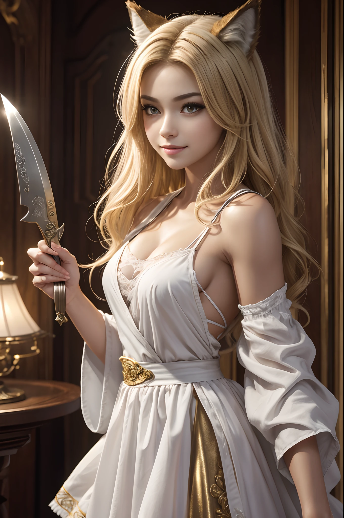 8K、The highest quality of photorealistic RAW photos。1.4)1人,(Caucasian girl werewolf) Personification of super beautiful small-breasted wolves(lifelike face) Wolf personification ,Blonde short bob,Maid long skirt,Black and white maid costume,golden decoration beautiful expression super high resolution smile precise details realistic skin,enticing,red claw,Beautiful Wolf Eyes,Holding a dagger,Wolf ears,