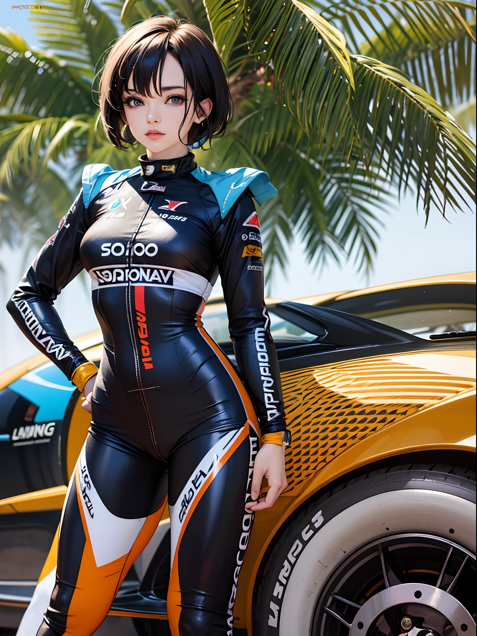 videl, (dbz), curvy, attractive, short hair, beautiful detailed eyes, absurd, highres, ultra detailed, (Highest image quality), (Master work), (Detailed description of the eye), (8K wallpaper), (Detailed description of the face), depth of field, (lens reflection), standing, beside Lexus IS350 GT300 Base Model '08, black race car, (F1_racing_suit), realistic, stunning visual, automotive stickers, beach circuit, sunny day