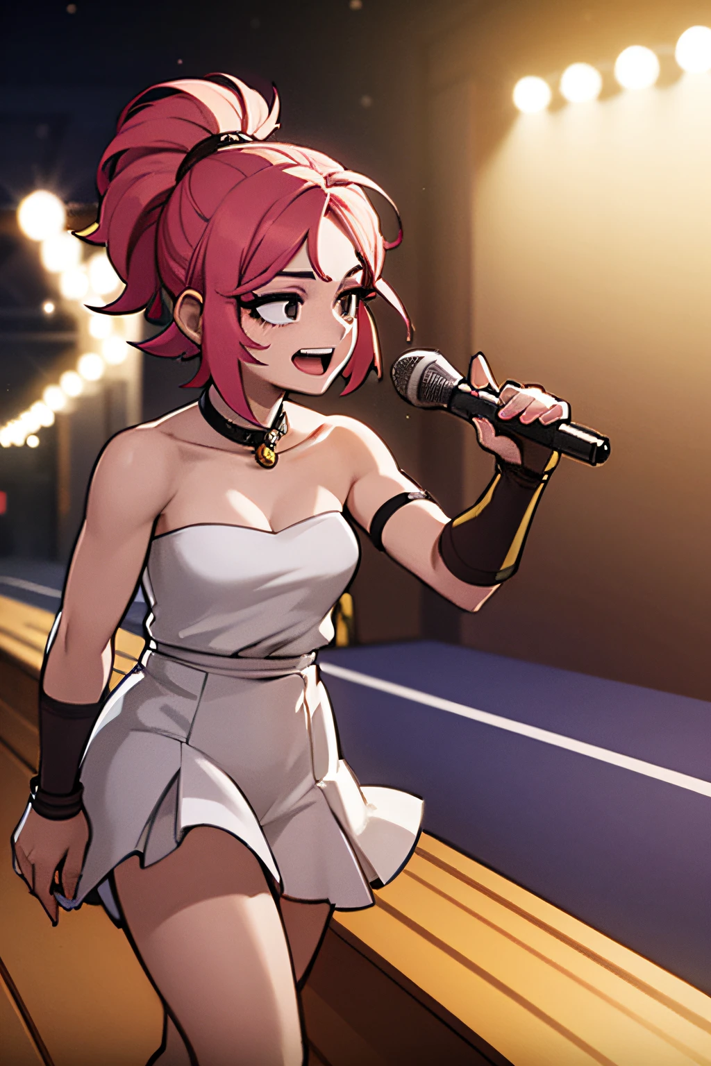 (1 mujer), (enfadada), (pelo rosa), brillante, colores intensos, (idol), cantando, subida al escenario, adorable, sensual