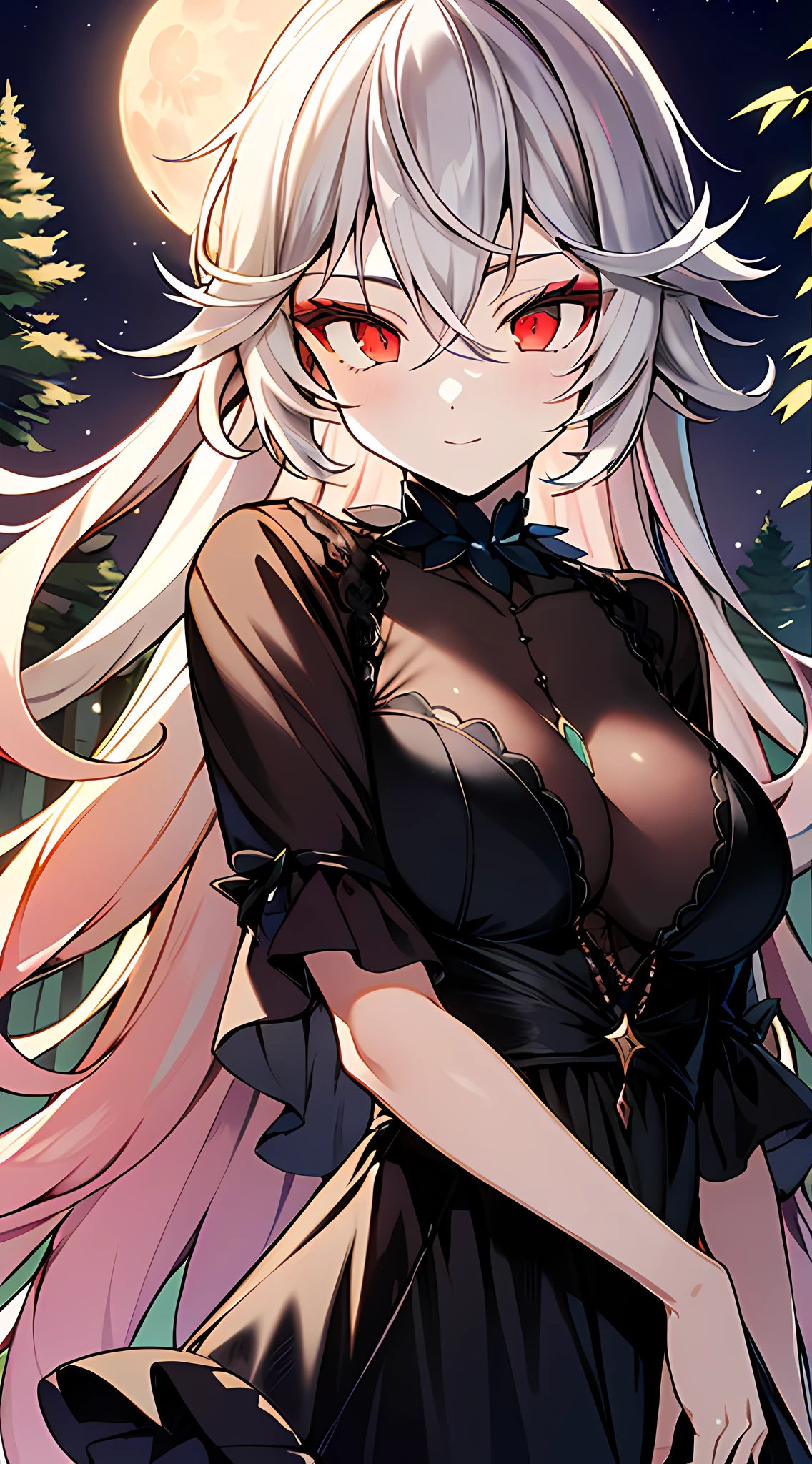 eirudy_\(springwitch3\),masterpiece,1girl,red eyes,black pupil,moon, black dress, feathers,forest,night,absurdres,high res, ultrasharp, 8K, masterpiece, looking at viewer