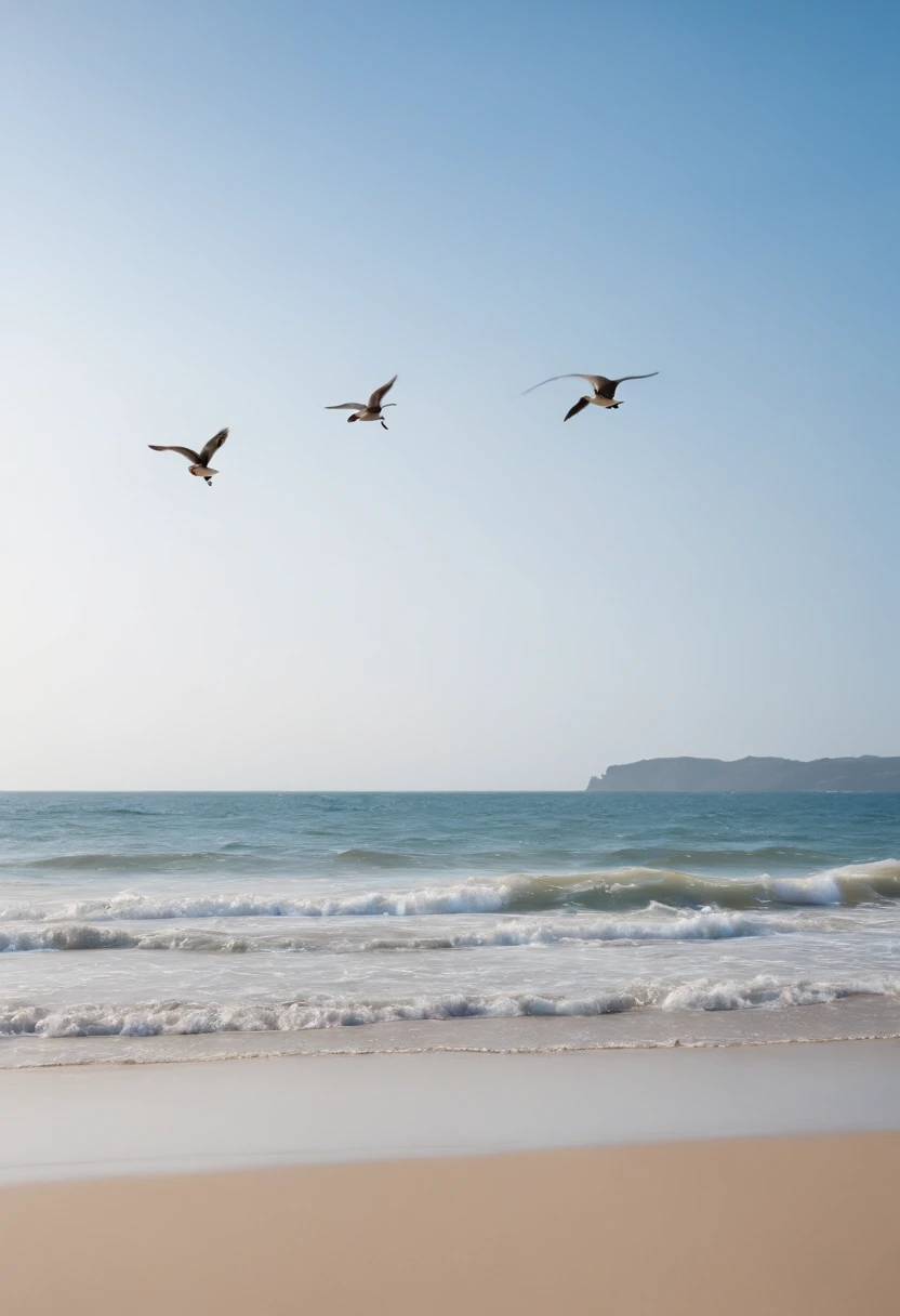 master part, alta qualidade, high resolution,8k, Pintura chinesa ,, Uma gota bem grande fundindo com o oceano ((azul)) With the blue sky and three little beach birds flying.