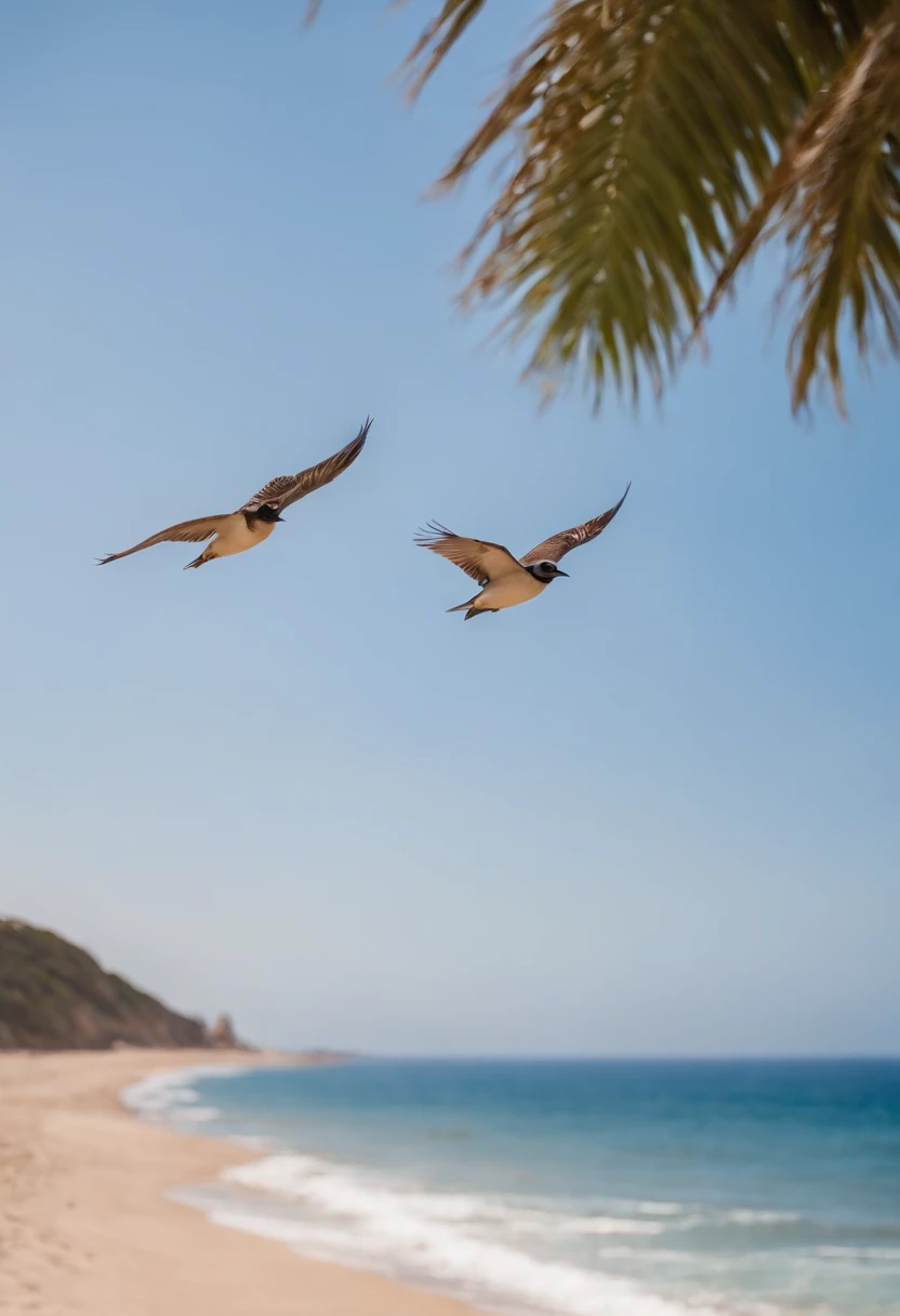 master part, alta qualidade, high resolution,8k, Pintura chinesa ,, Uma gota bem grande  fundindo com o oceano ((azul)) With the blue sky and three little beach birds flying.