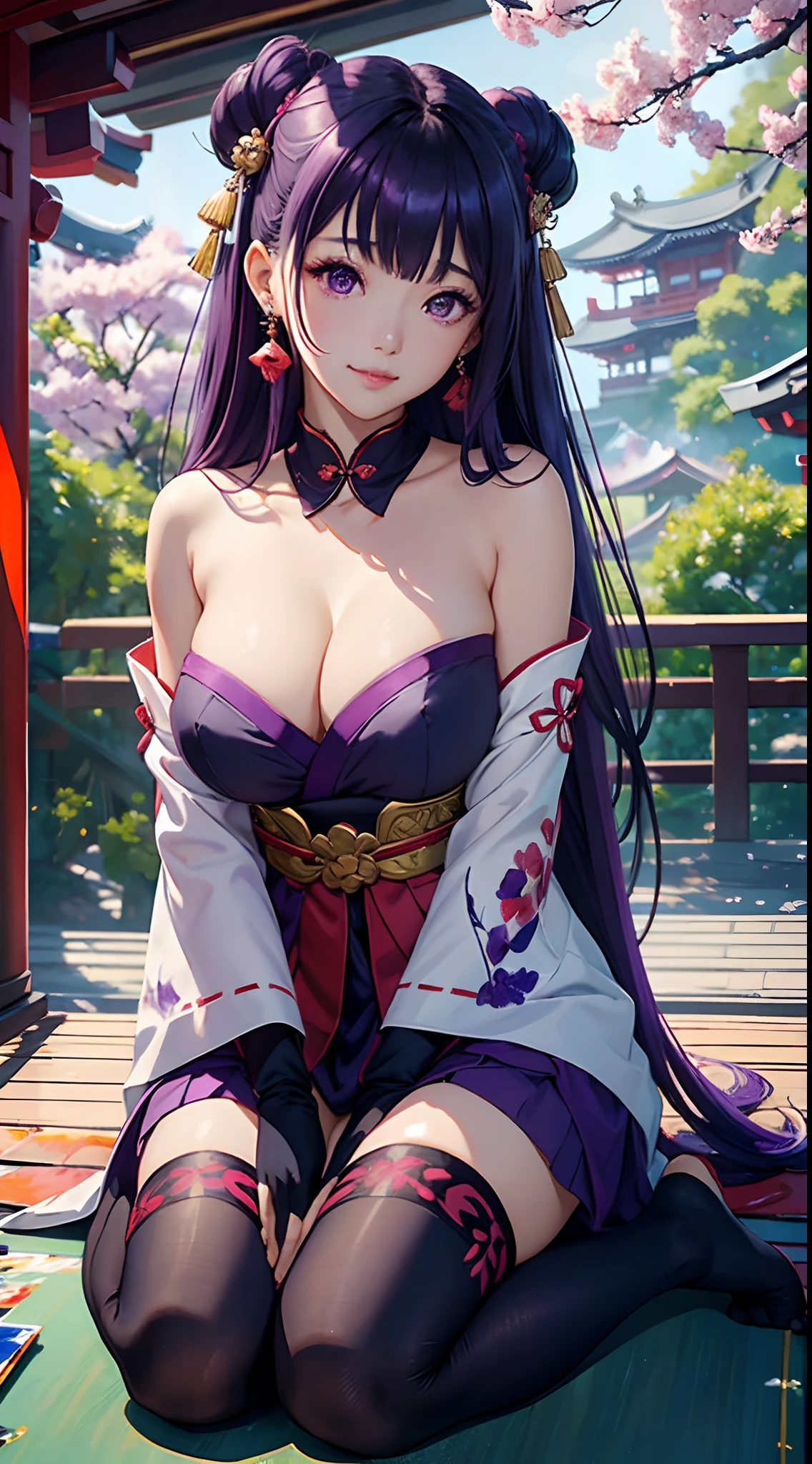 1girl, (ulzzang-6500:0.7), kpop idol, yae miko, detached sleeves, bare shoulders, purple hair, long hair, japanese clothes, best quality, (painting:1.5), (hair ornament:1.35), jewelry, purple eyes, earrings, breasts, torii, cherry blossoms, lantern light, depth of field, detailed face, face focus, ribbon_trim, (looking at viewer:1.25), nontraditional miko, shiny skin, long sleeves, smile, thick lips, game cg, hands on lips, east asian architecture, (blurry background:1.2), sitting, upper body, hands on knees, smiling