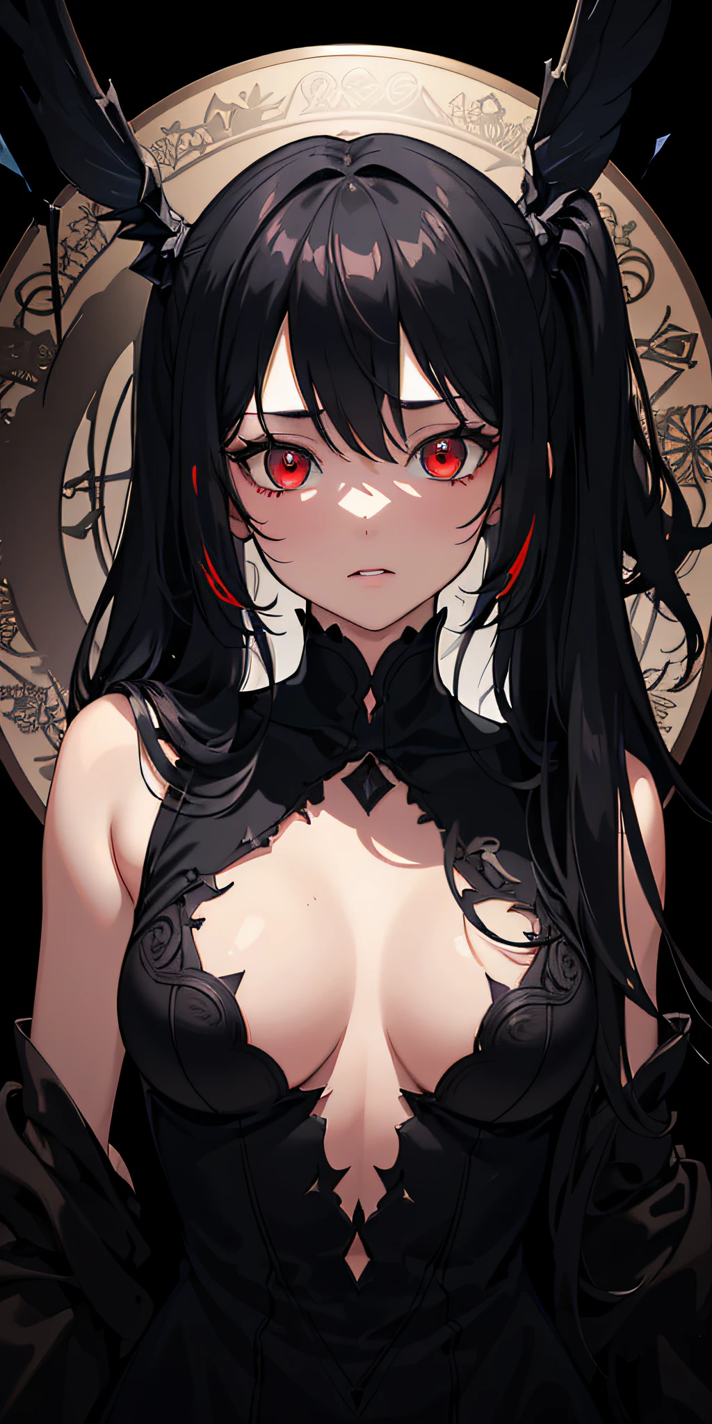 (masterpiece, best quality, ultra-detailed, best shadow), (detailed background,dark fantasy), (beautiful detailed face), high contrast, (best illumination, an extremely delicate and beautiful), ((cinematic light)), colorful, hyper detail, dramatic light, intricate details, (1girl, solo,black hair, sharp face,low twintails,red eyes, hair between eyes,dynamic angle), blood splatter, swirling black light around the character, depth of field,black light particles,(broken glass),magic circle,