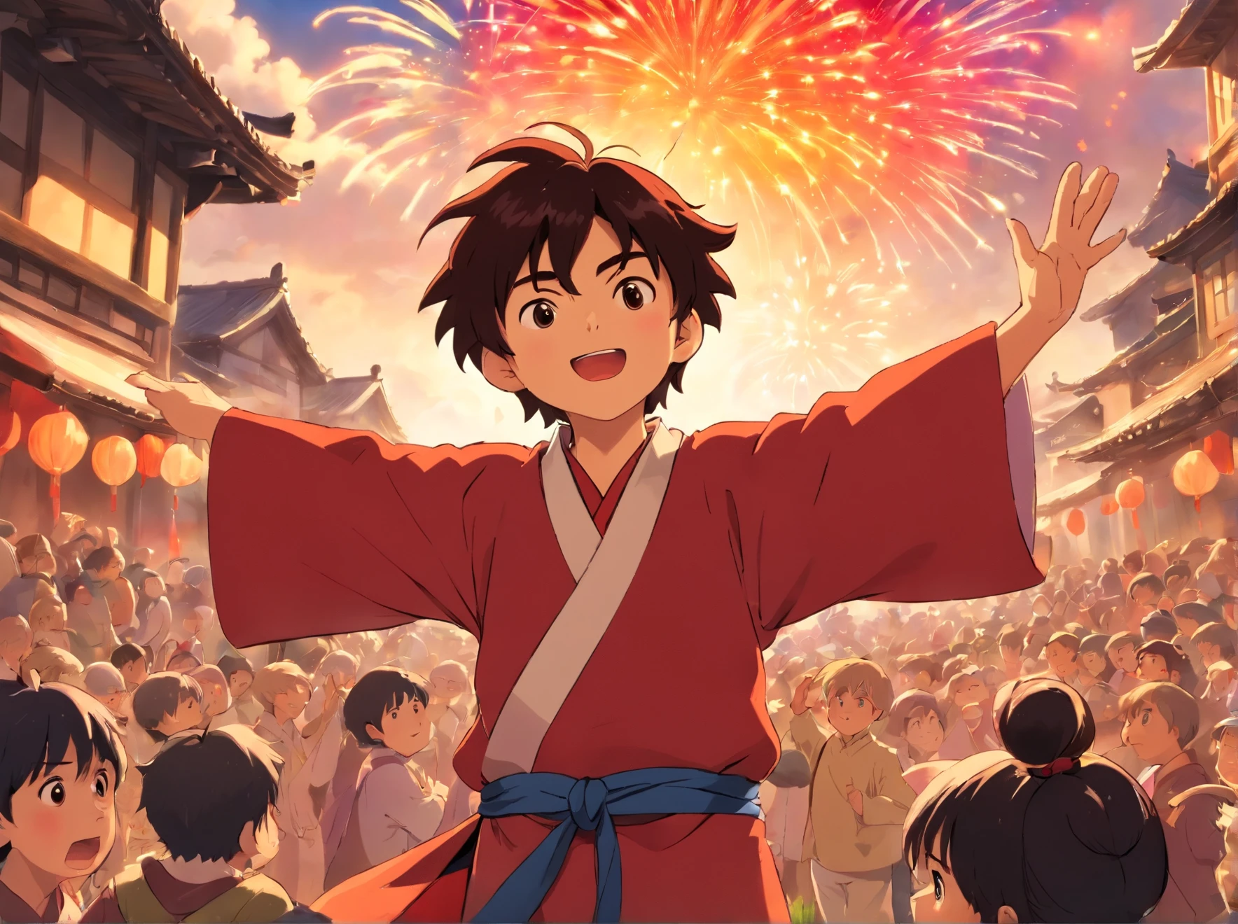on a field,The crowd cheered for the boy,Clap your palms。They were impressed by the boy's courage and ingenuity,They came up to congratulate him on his success。The boy stands in the center,No longer a little boy,He became a hero to the entire village。(Young red Zhuang costume boy(Positive perspective,rejoice),Stand in the middle of the crowd,Grab the fireworks with your right hand held high。)