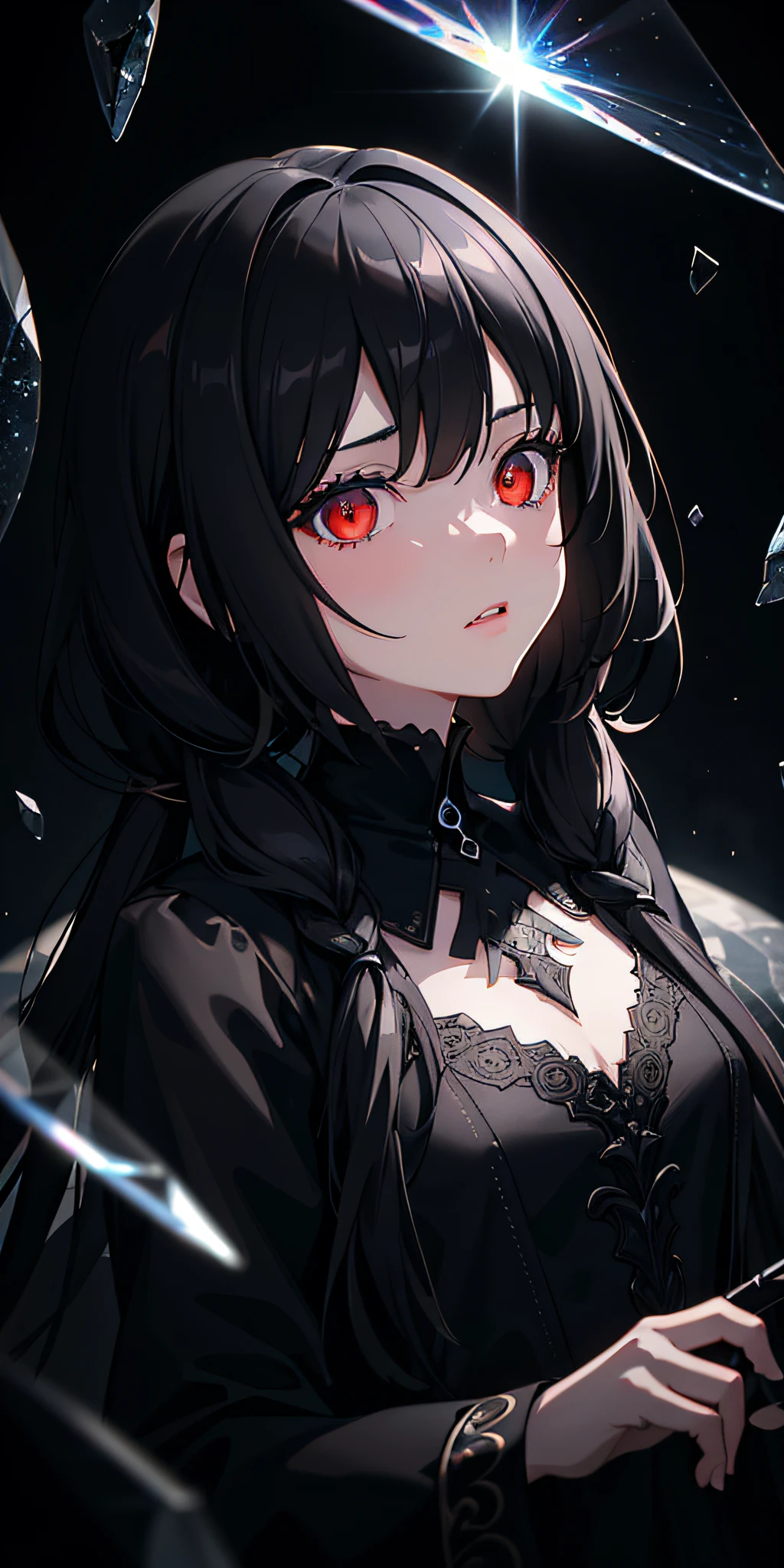 (masterpiece, best quality, ultra-detailed, best shadow), (detailed background,dark fantasy), (beautiful detailed face), high contrast, (best illumination, an extremely delicate and beautiful), ((cinematic light)), colorful, hyper detail, dramatic light, intricate details, (1girl, solo,black hair, sharp face,low twintails,red eyes, hair between eyes,dynamic angle), blood splatter, swirling black light around the character, depth of field,black light particles,(broken glass),magic circle,
