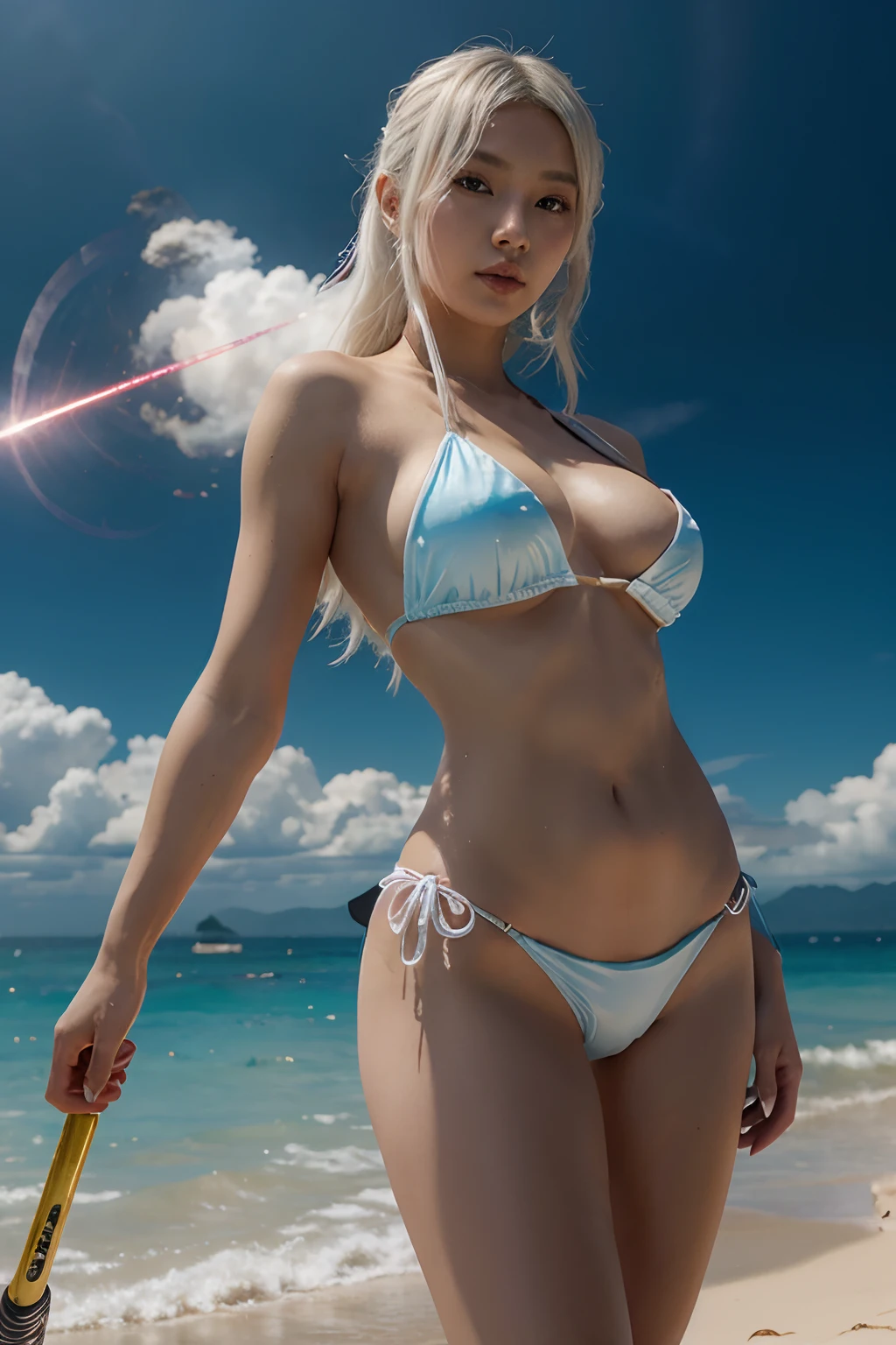 there is a woman in a bikini holding a baseball bat, nami from one piece, nami one piece, deviantart artstation cgscosiety, splashes of lightning behind her, epic digital art illustration, goddess of lightning, epic fantasy digital art style, epic fantasy digital art, 2. 5 d cgi anime fantasy artwork, mermaid cyborg with a laser whip, gorgeous young korean woman, inspired by Kim Deuk-sin, photo of slim girl model, sakimichan, thin waist, taejune kim, light white hair