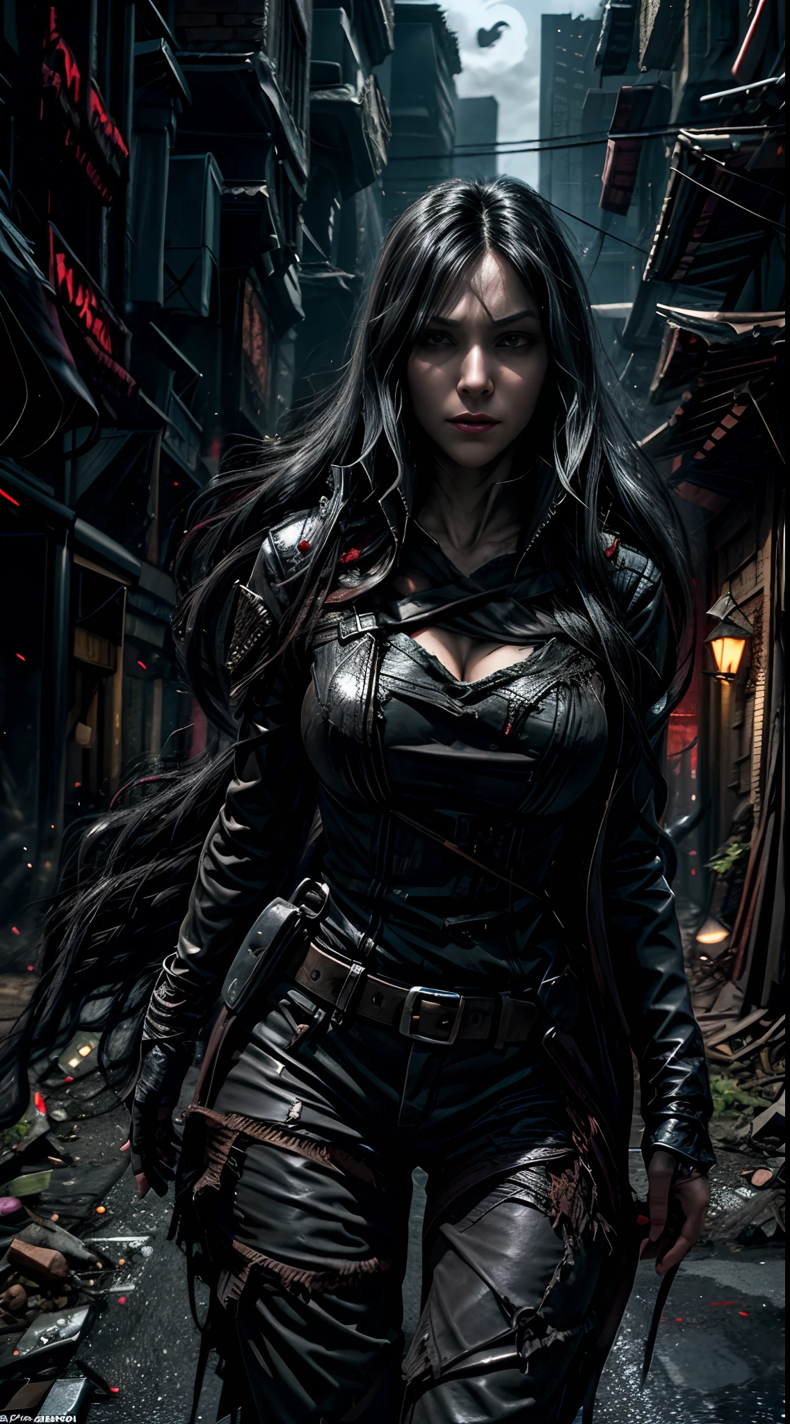 In a world ravaged by darkness and chaos, a lone vampire woman roams the streets, her long black hair billowing behind her as she searches for her next victim. But unlike her bloodthirsty kin, she uses her powers for good, hunting down and destroying those who prey on the innocent.
