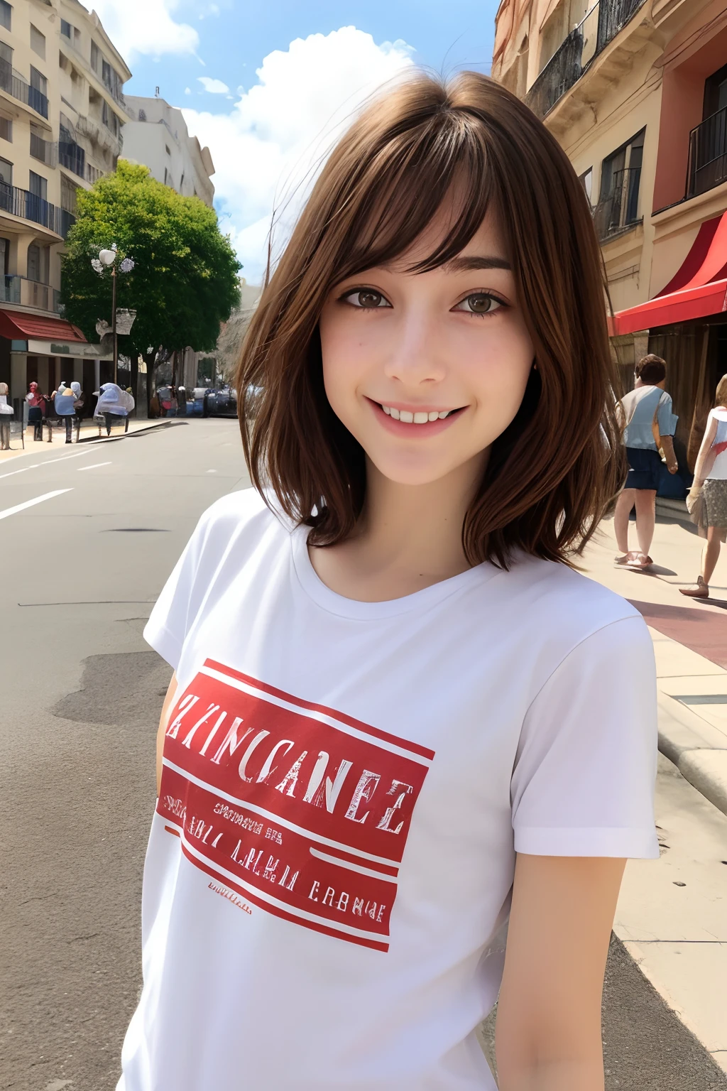 La mejor calidad ,muy flaco , Cabello largo , Caucasian Girl Max Caulfield ,ojos grandes ,Borrosa, , brown hair , , , piel suave, , ojos expresivos , happy ,
, , Camiseta roja de manga larga, Pantalones Jens , en la ciudad ,