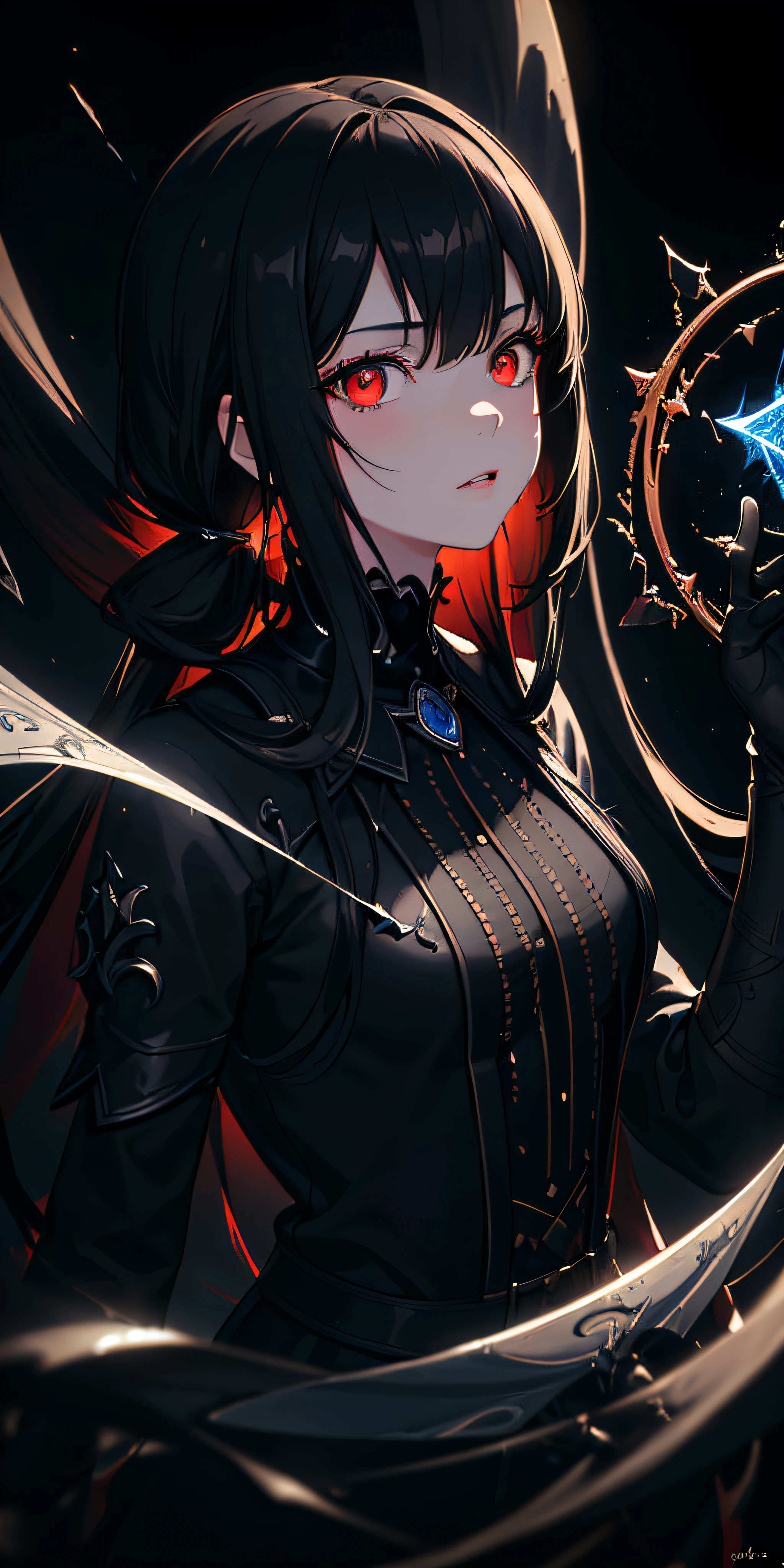 (masterpiece, best quality, ultra-detailed, best shadow), (detailed background,dark fantasy), (beautiful detailed face), high contrast, (best illumination, an extremely delicate and beautiful), ((cinematic light)), colorful, hyper detail, dramatic light, intricate details, (1girl, solo,black hair, sharp face,low twintails,red eyes, hair between eyes,dynamic angle), blood splatter, swirling black light around the character, depth of field,black light particles,(broken glass),magic circle,