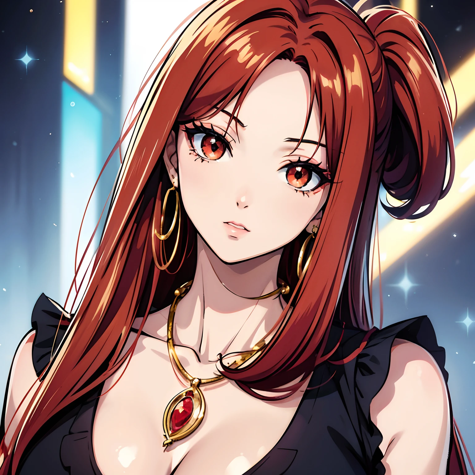 1980 Anime Style, Close-up, 1 Beautiful woman,Red hair,Gold necklace around the neck , eyes details, details