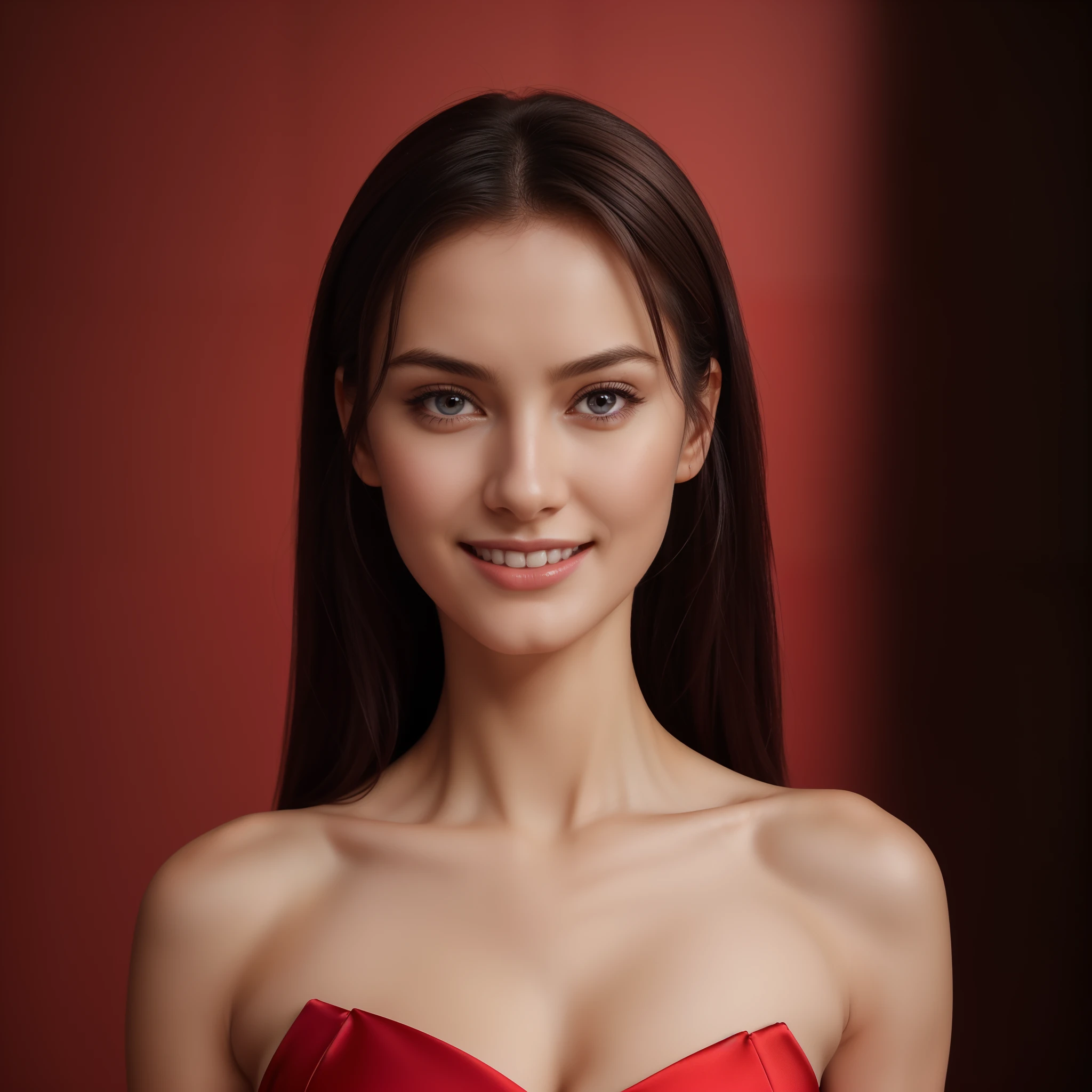 (best quality,4k,8k,highres,masterpiece:1.2),ultra-detailed,(realistic,photorealistic,photo-realistic:1.37),(1girl),(18years old),((Excella_re5:1.5)),((irene1:0.5)),((side facial portrait:1.2)),((sideface:1.2)),(sharp focus:1.5),pearl skin,(skin pores:1.1), extremely detailed face and skin texture, (skin texture:1.1),black hair,tall and slender body,(192cm tall),perfectly toned shoulders,graceful posture,strong and defined muscles,flawless skin,embodying elegance and beauty,beautiful detailed brown eyes,beautiful detailed lips,extremely detailed eyes and face,longeyelashes,cleavage breasts,((wearing a sexy (red) strapless dress)),vibrant color,simple background,professional photography,extremely detailed and realistic clothes,(colorful),