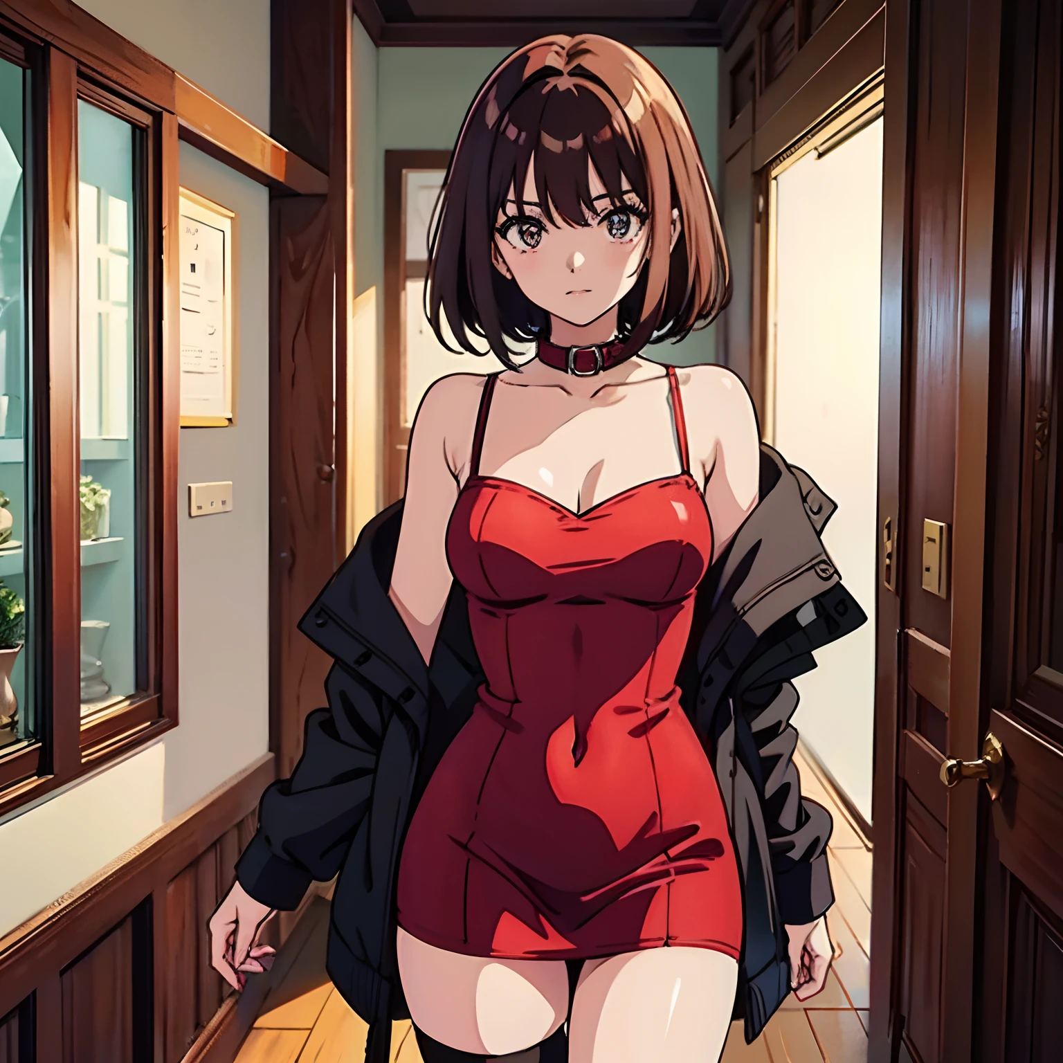 Anime, 1980, Woman 1, Standing Alone, At Home, Red Short Dress Without Collar and Shoulders, Thigh Socks, Body Details, Eyes Details, Face Details, Cowboy Shot, HD, Masterpiece, HD,highly