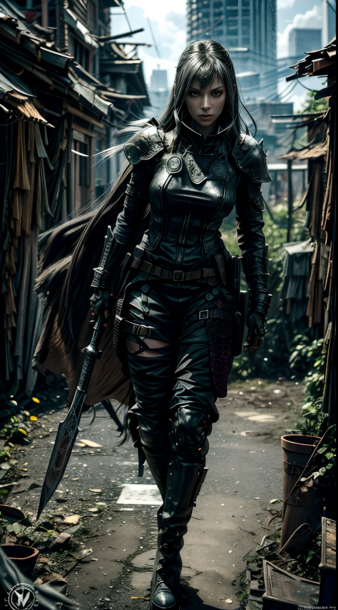 As the sun sets on the post-apocalyptic world, a fierce vampire huntress appears. Her sleek, black armor glistens in the fading light as she stalks her prey with deadly precision. With each step, her long, silver hair sways in the wind, a symbol of her power and grace.perfect face details,hdr , ray tracing cinematic shot, unreal engine 5, ultra realistic detailed,