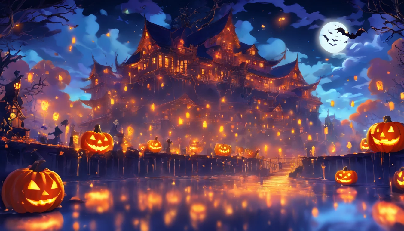 There are no floating lights on Halloween, Light and reflections in movies, Glowing lights, An intermediate element of the metaverse,Digital painting, Bright reflections, reflect,Quiet night, Digital illustration, Lovely atmosphere, Skylight at night, Quiet atmosphere at night, No jack-o'-lanterns, Halloween, it's nighttime, Ten, game scenes, Halloween, Surrounded by clouds, Architecture of New York, Enamelled tiles, beautiful color, There are three arches in the foreground((Shade placement ink ) ), ((Splashing ink) Inky})), tmasterpiece, High career, graphics beautiful, High details,magnifica