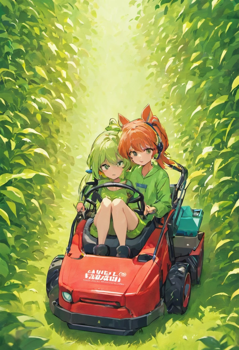 Girl wearing headphones for man weeding man in lawn mower