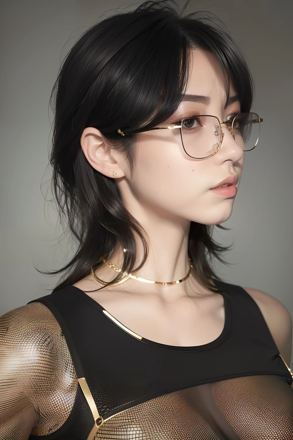 arafed woman with a black top and a gold circle glasses, photorealistic girl render, soft portrait shot 8 k, 8k portrait render, 3 d realistic, detailed beauty portrait, detailed portrait of a girl, realistic young girl, realism style, artgerm ; 3d unreal engine, neat hair with bangs, cinematic realistic portrait
