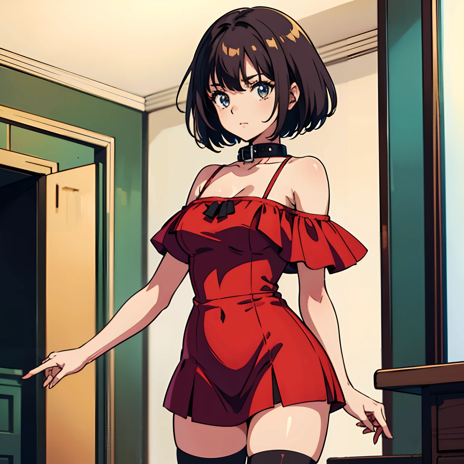 Solo, Makoto_Niijima (da persona 5, 1female, white skin, Japanese, red eyes, short brown hair, braid like a hairbow on top of hair, small boobs) singing in a stage with neon lights, sexy one-piece high school uniform. (finely detailed), anime, best shadows, depth of field, (masterpiece), (best quality), 4K, high detail, anatomically correct