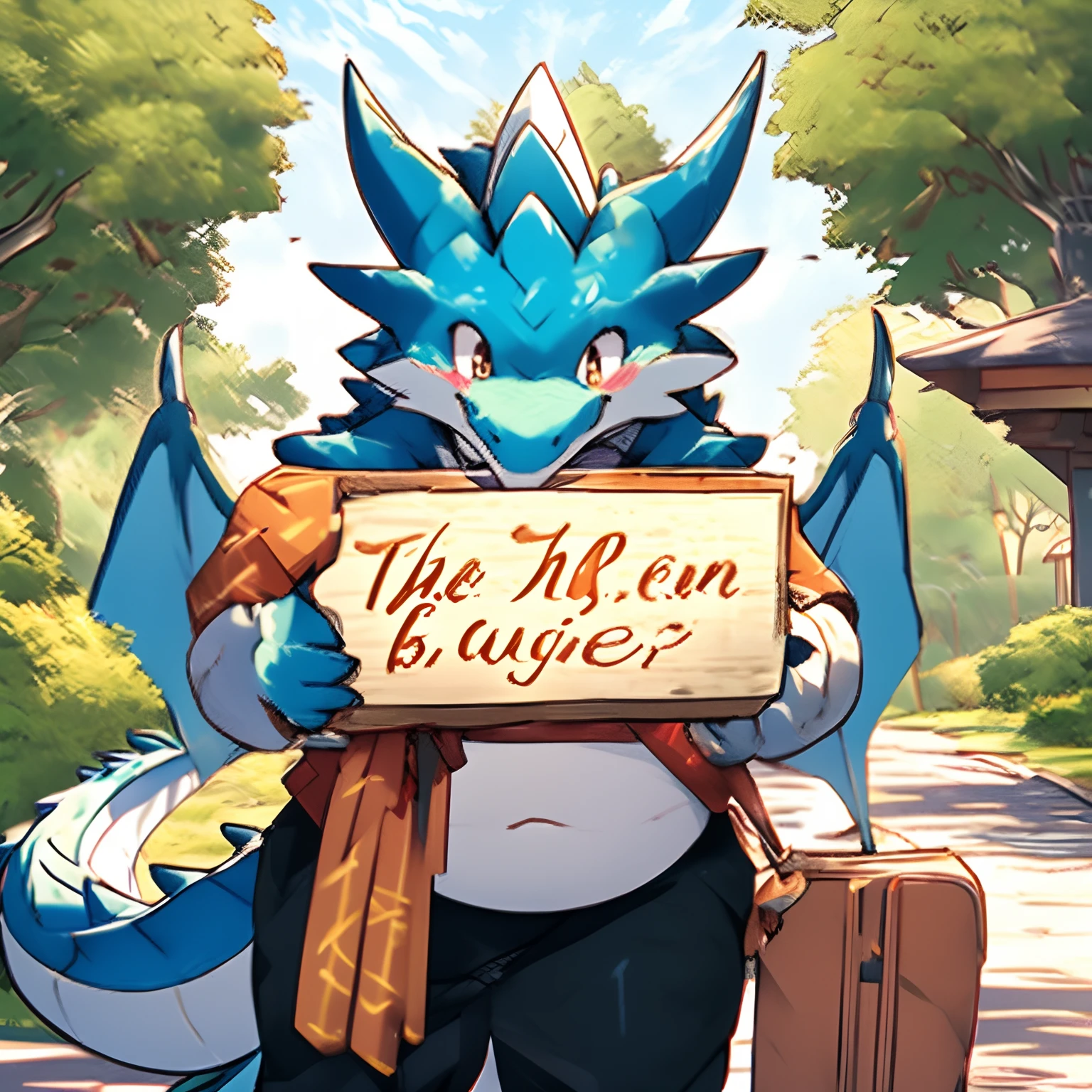 Furry, dragon, anthro, male, man, carry the sign, look at camera, smiling, blushing, cute, overweight, fat, chubby, look at screen, look at viewer,